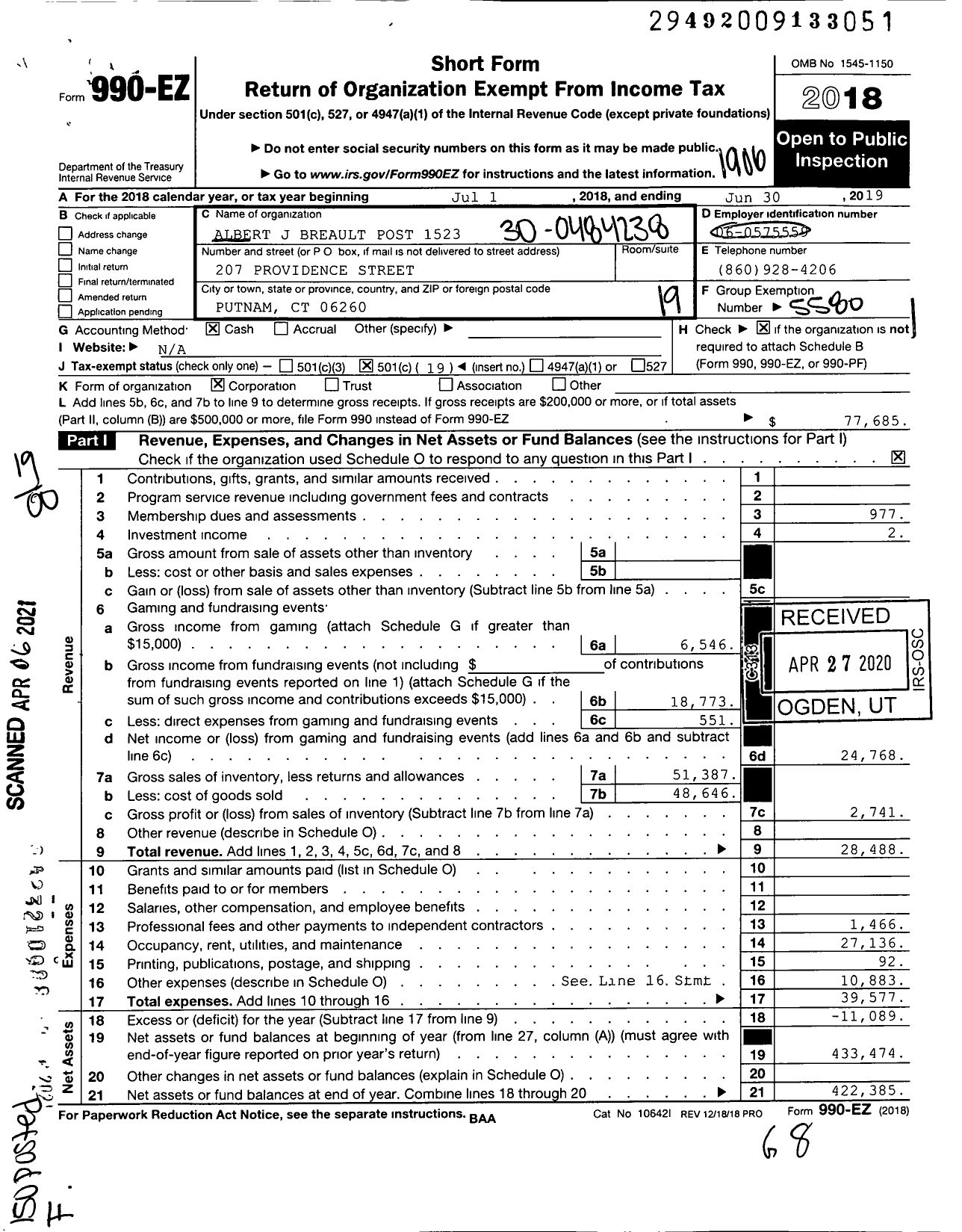 Image of first page of 2018 Form 990EO for VFW Auxiliary Department of Connecticut / Lisa Salisbury