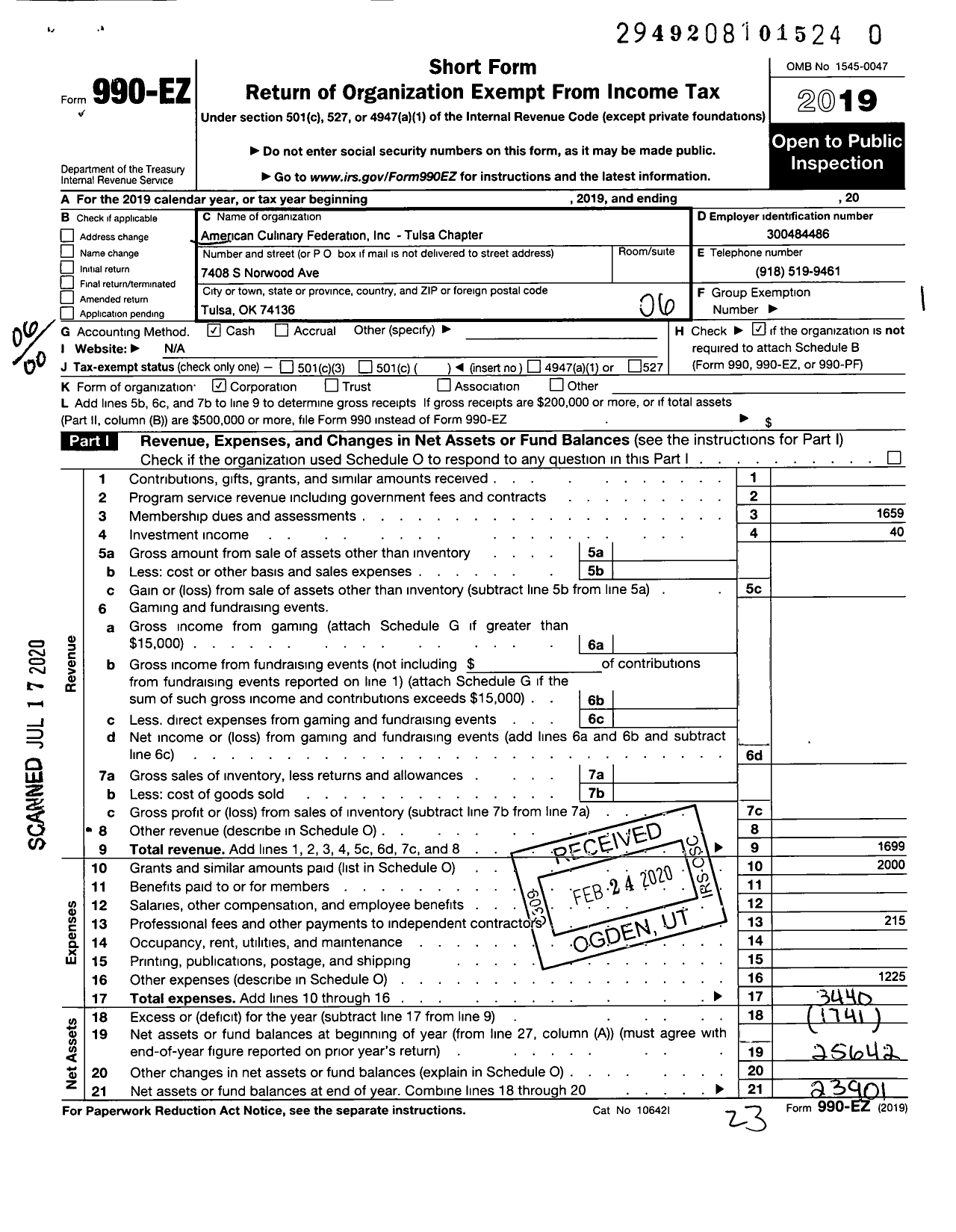 Image of first page of 2019 Form 990EO for American Culinary Federation Inc-Tulsa Chapter