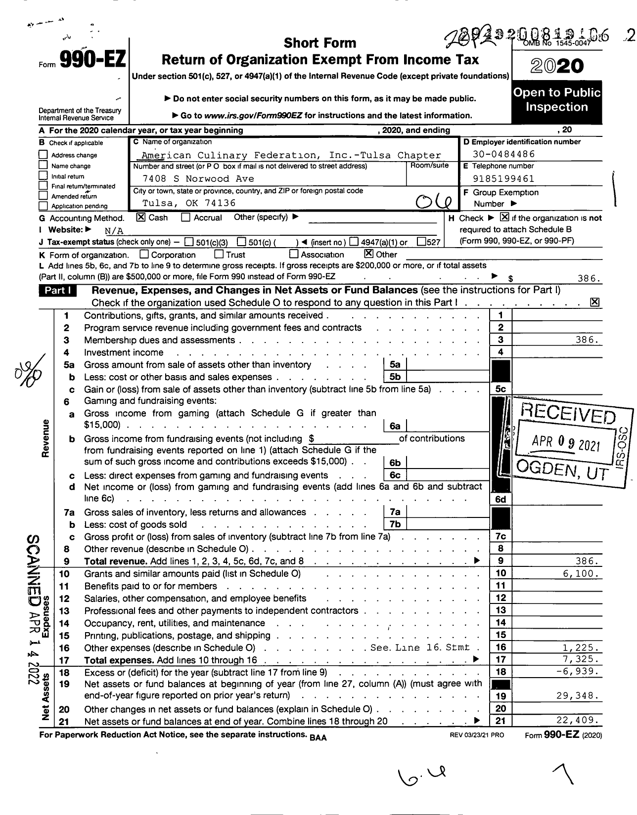 Image of first page of 2020 Form 990EO for American Culinary Federation Inc-Tulsa Chapter