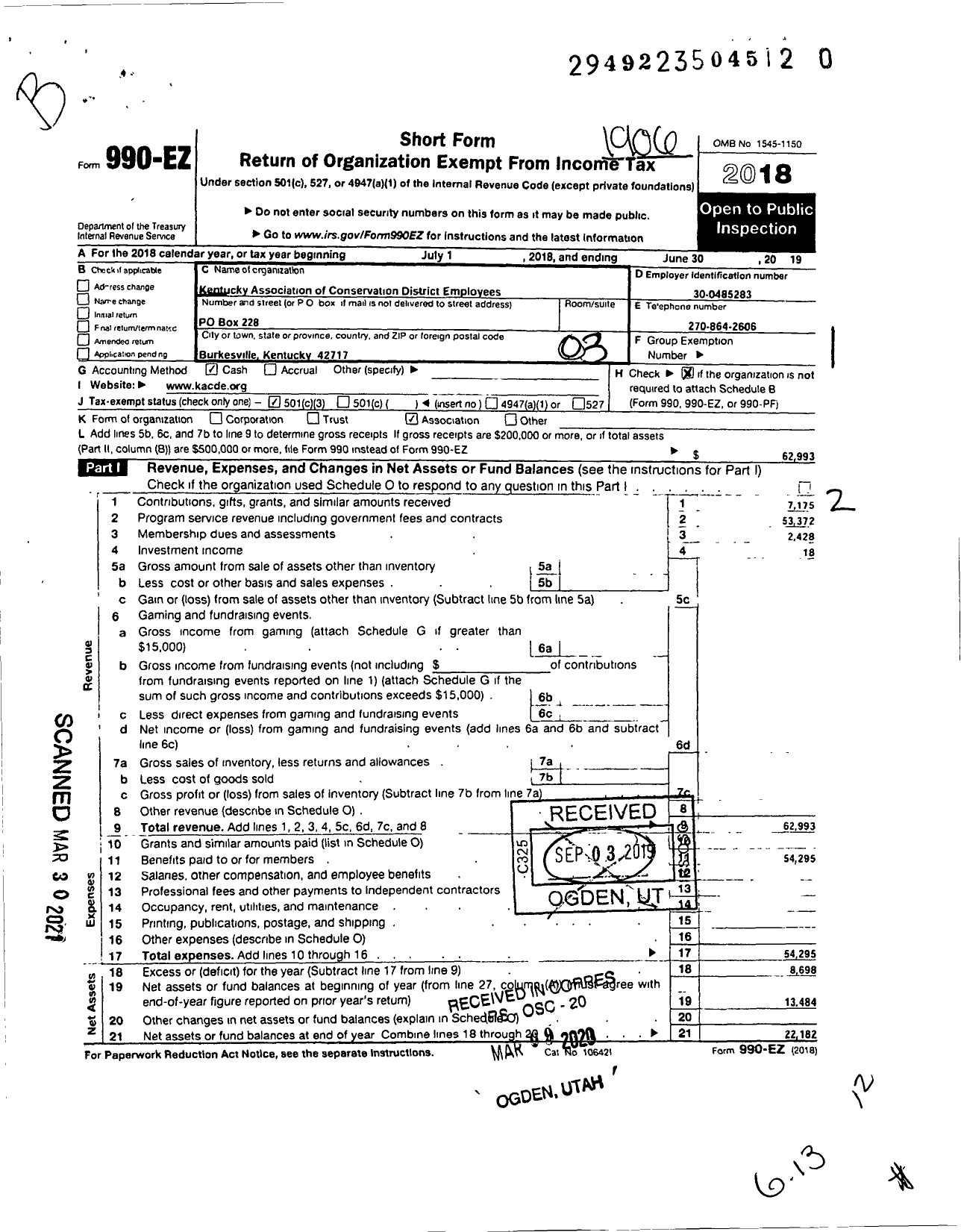 Image of first page of 2018 Form 990EZ for Kentucky Association of Conservation District Employees