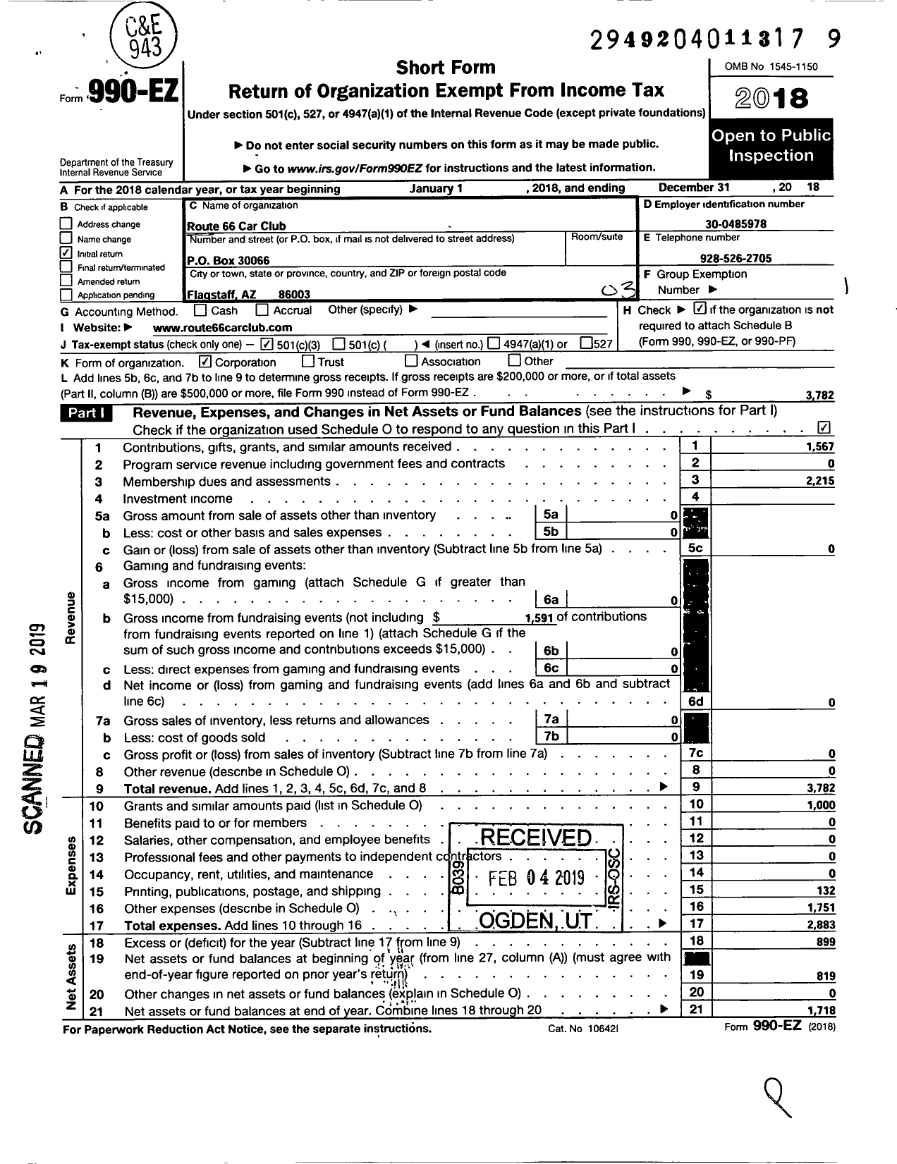 Image of first page of 2018 Form 990EZ for Route 66 Car Club