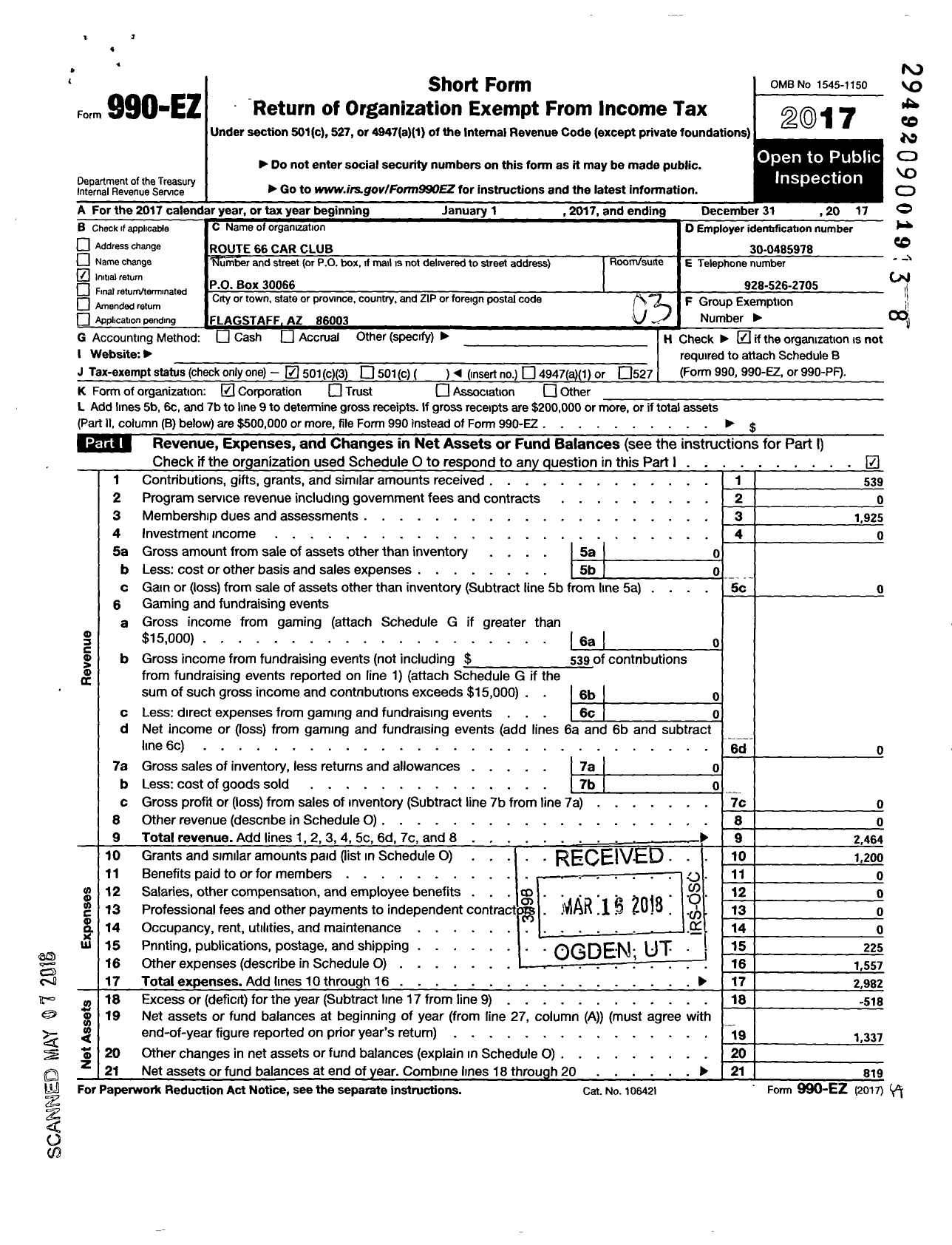 Image of first page of 2017 Form 990EZ for Route 66 Car Club