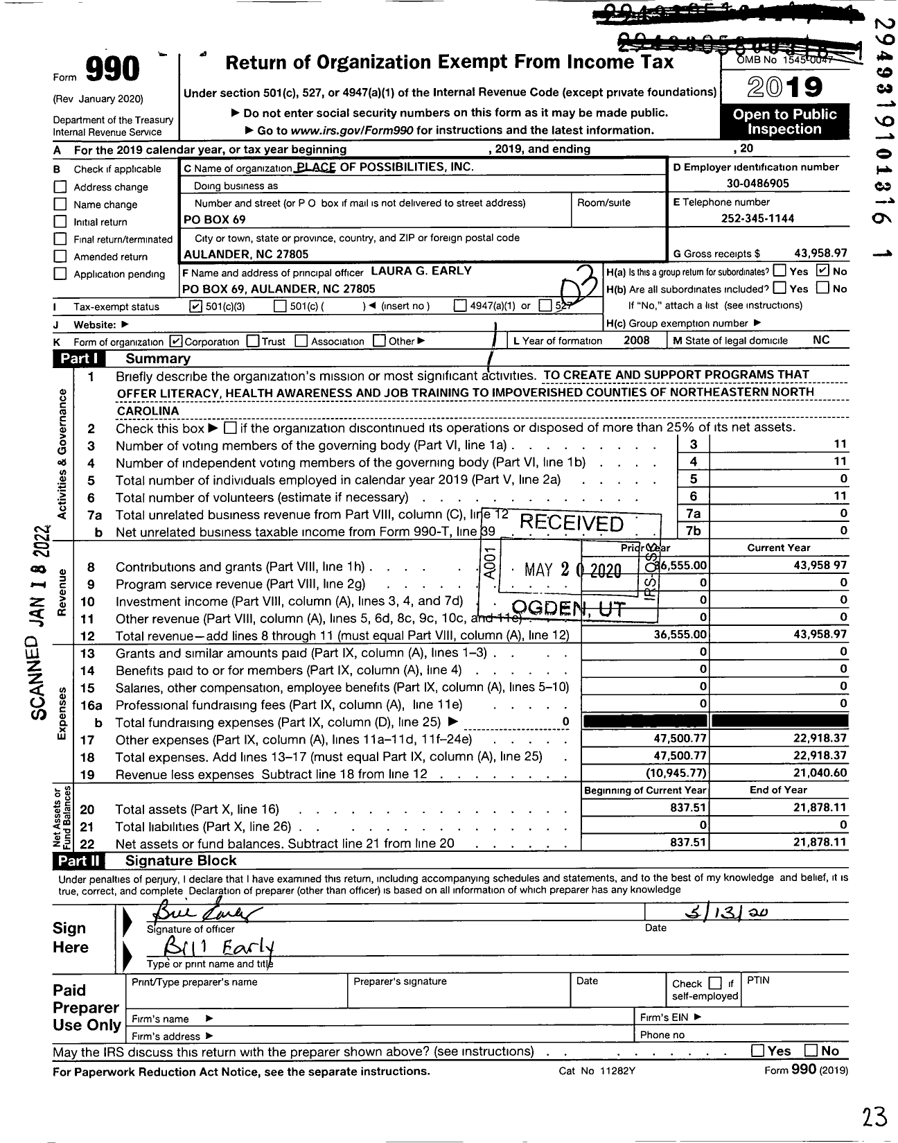 Image of first page of 2019 Form 990 for Place of Possibilities