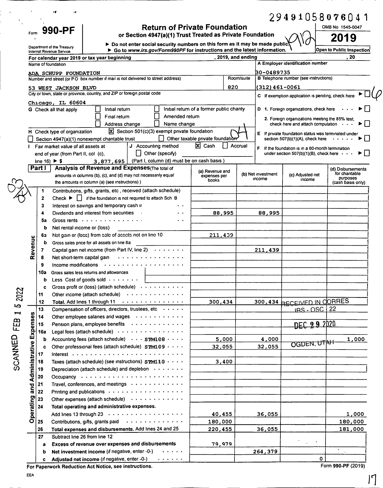 Image of first page of 2019 Form 990PF for Ada Schupp Foundation