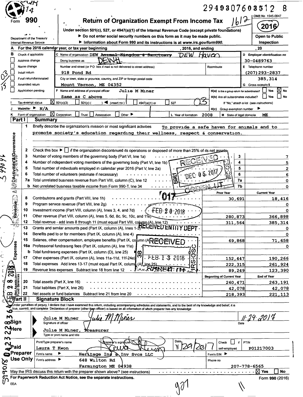 Image of first page of 2016 Form 990 for DEW Animal Kingdom and Sanctuary