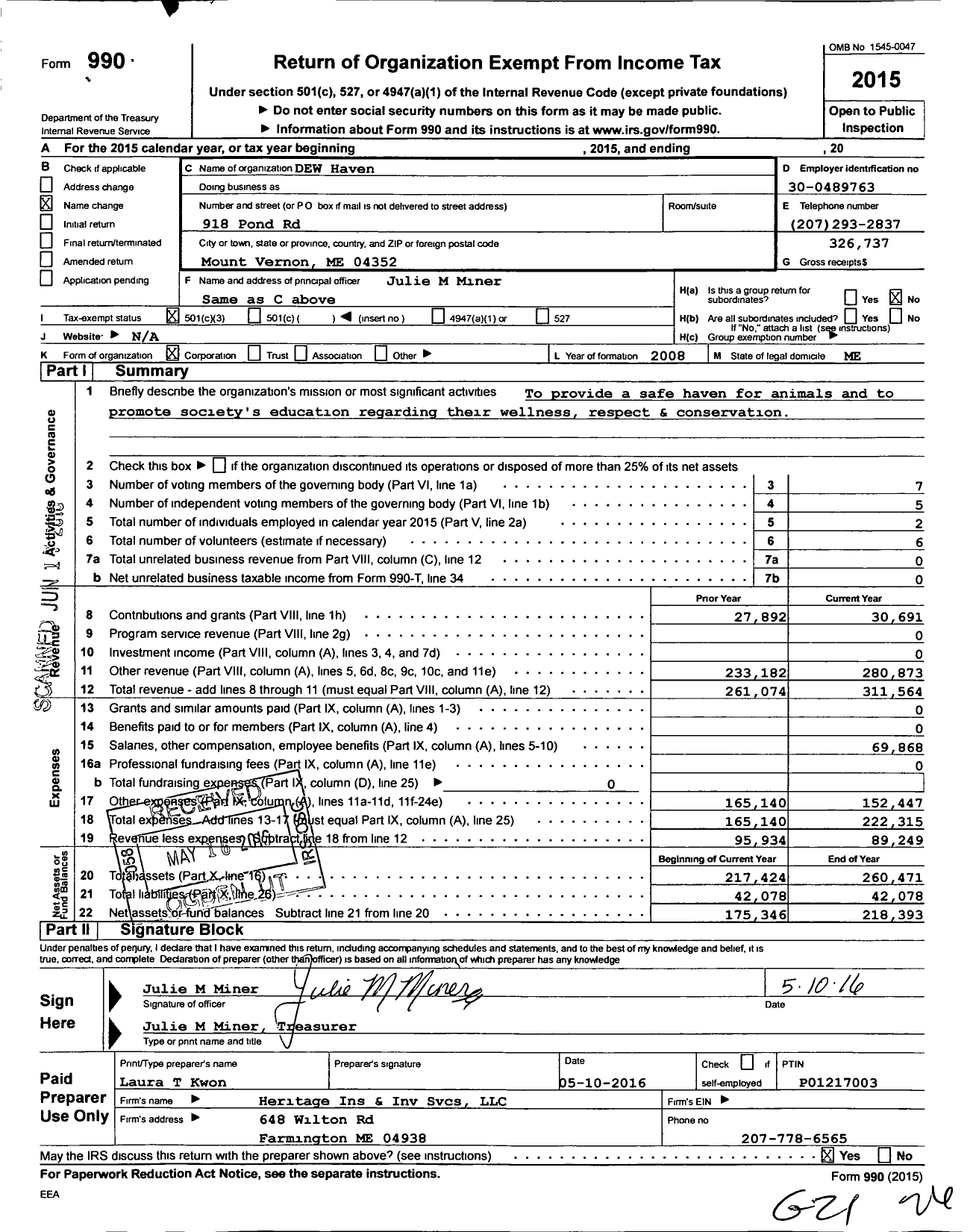 Image of first page of 2015 Form 990 for DEW Animal Kingdom and Sanctuary