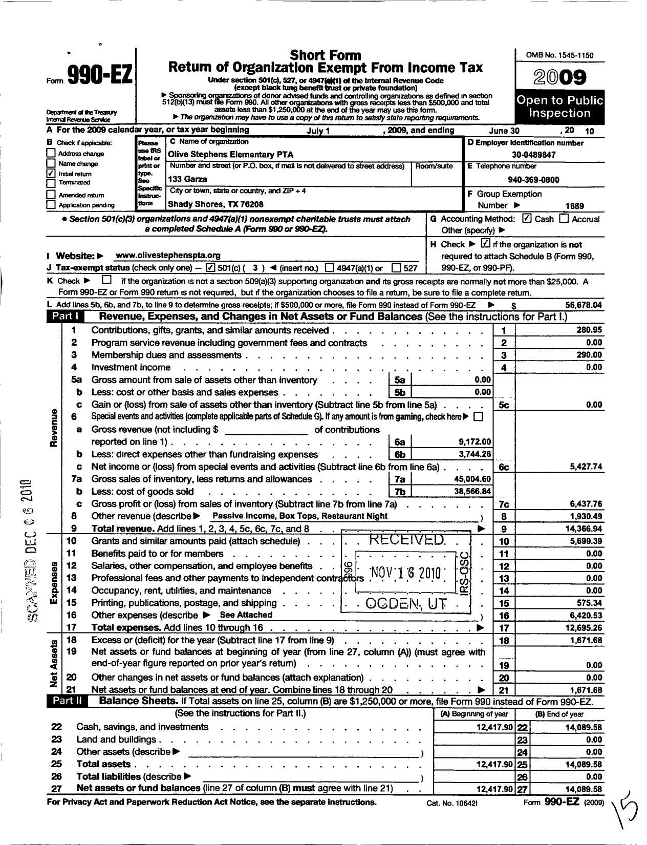 Image of first page of 2009 Form 990EZ for Texas PTA - 11936 Olive Stephens Elementary PTA