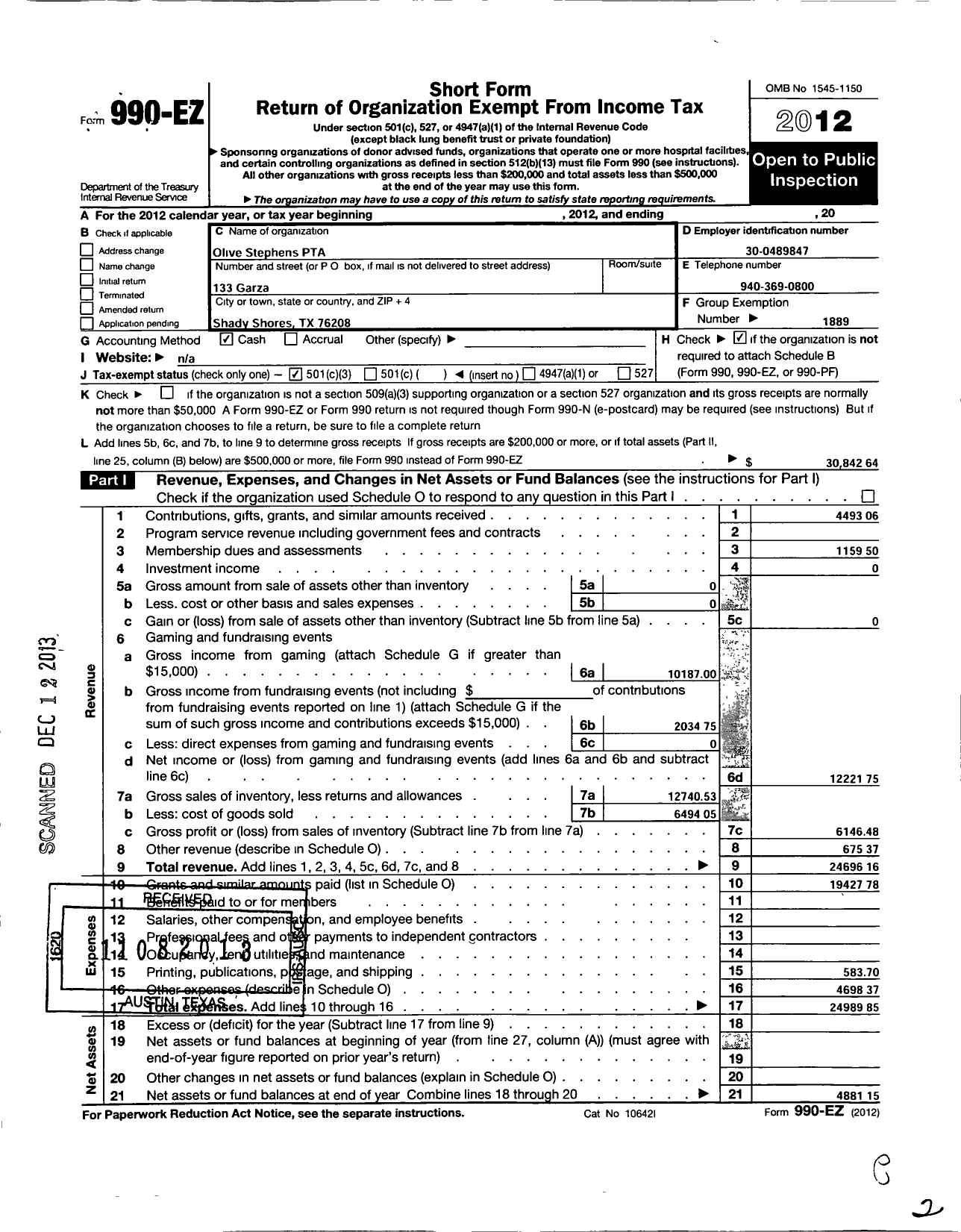 Image of first page of 2012 Form 990EZ for Texas PTA - 11936 Olive Stephens Elementary PTA