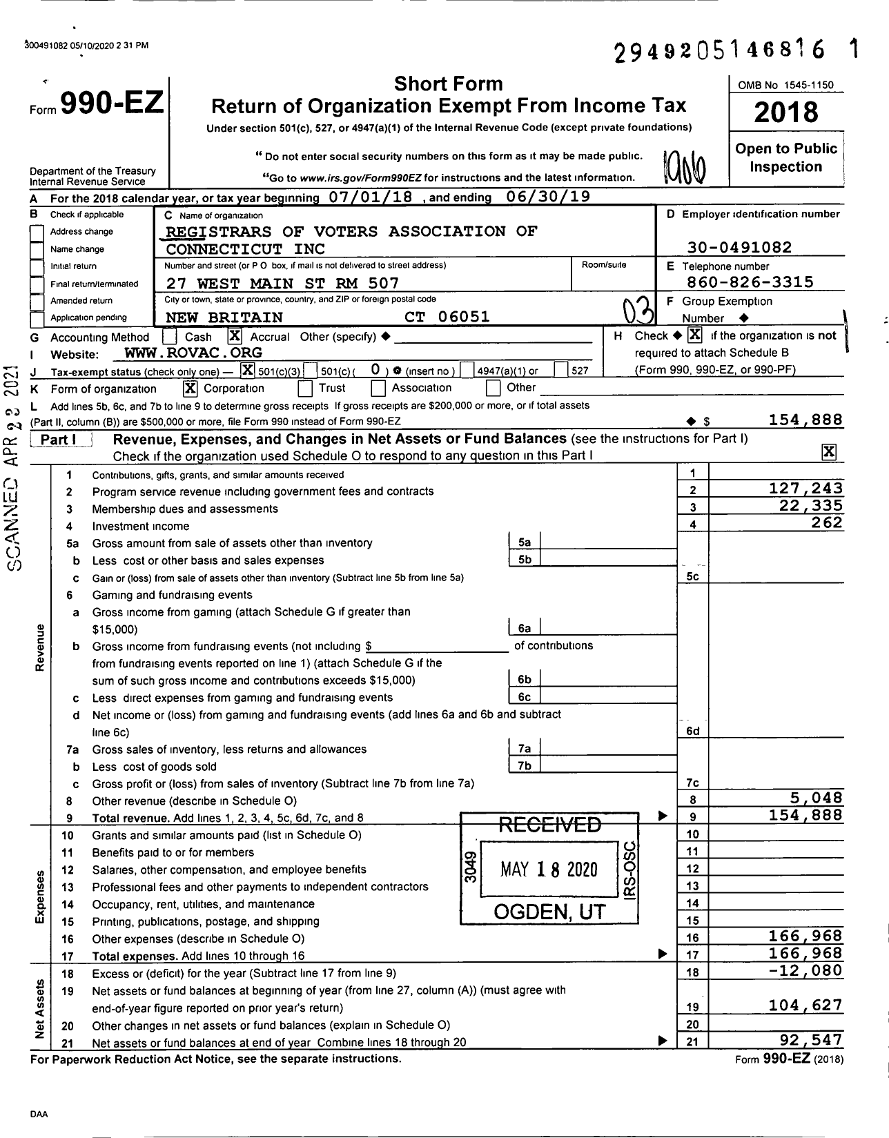 Image of first page of 2018 Form 990EZ for Registrars of Voters of Connecticut (ROVAC)