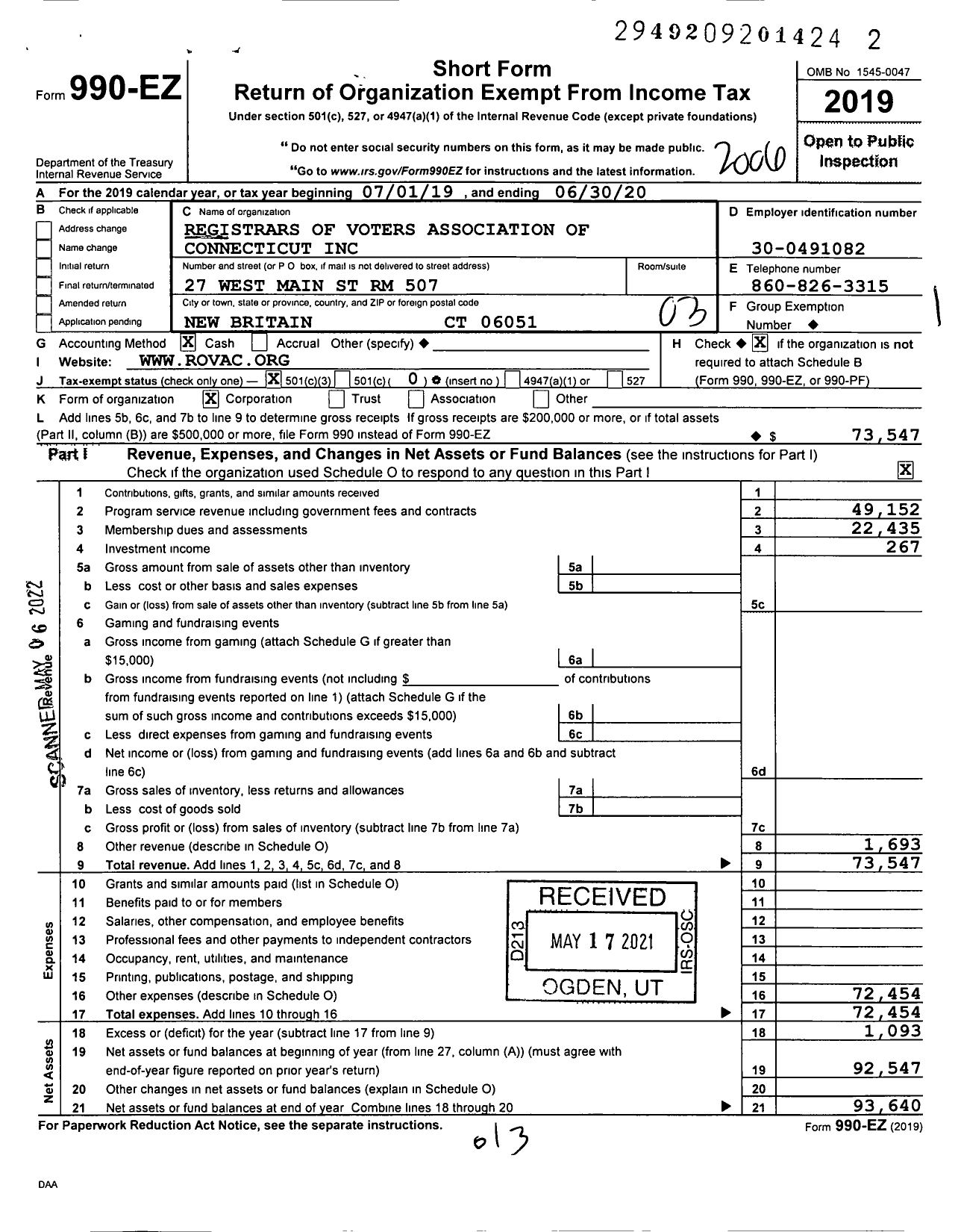 Image of first page of 2019 Form 990EZ for Registrars of Voters of Connecticut (ROVAC)