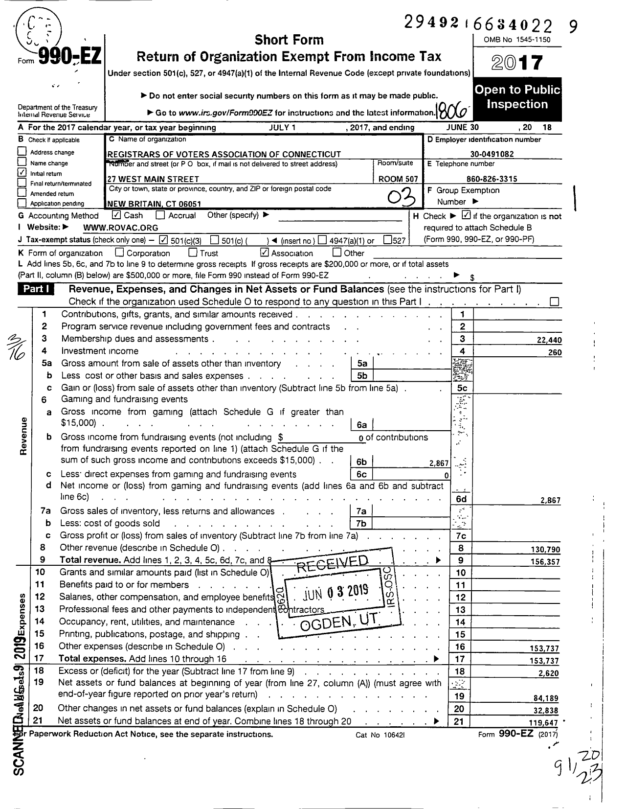 Image of first page of 2017 Form 990EZ for Registrars of Voters of Connecticut (ROVAC)