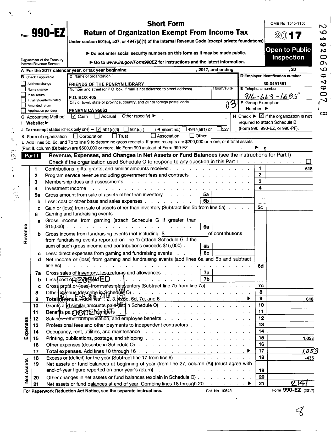 Image of first page of 2017 Form 990EZ for Friends of the Penryn Library