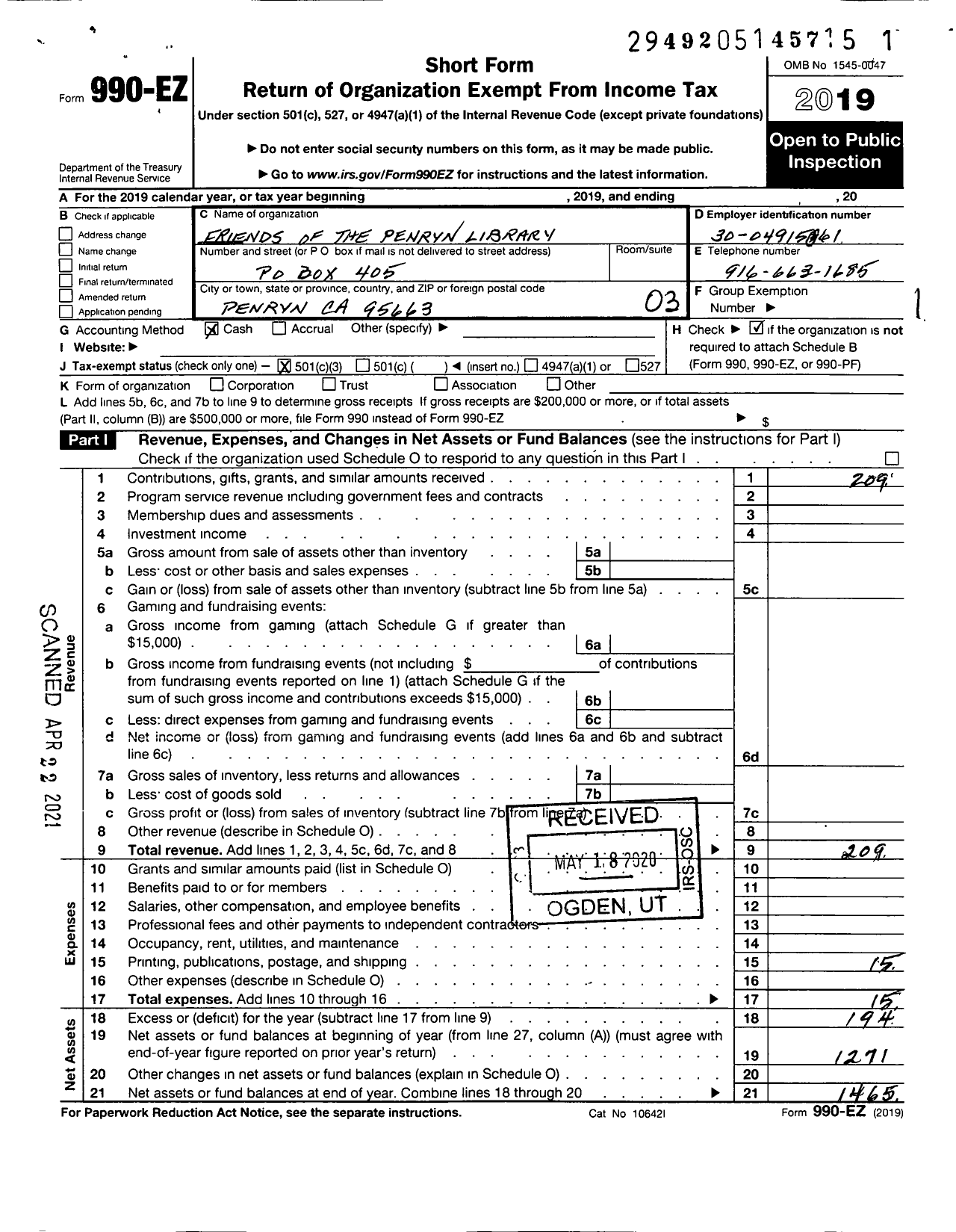 Image of first page of 2019 Form 990EZ for Friends of the Penryn Library