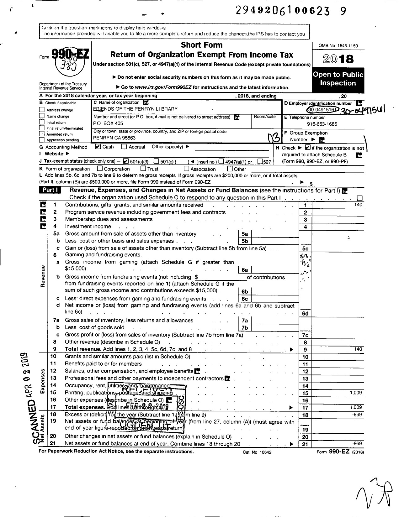 Image of first page of 2018 Form 990EZ for Friends of the Penryn Library