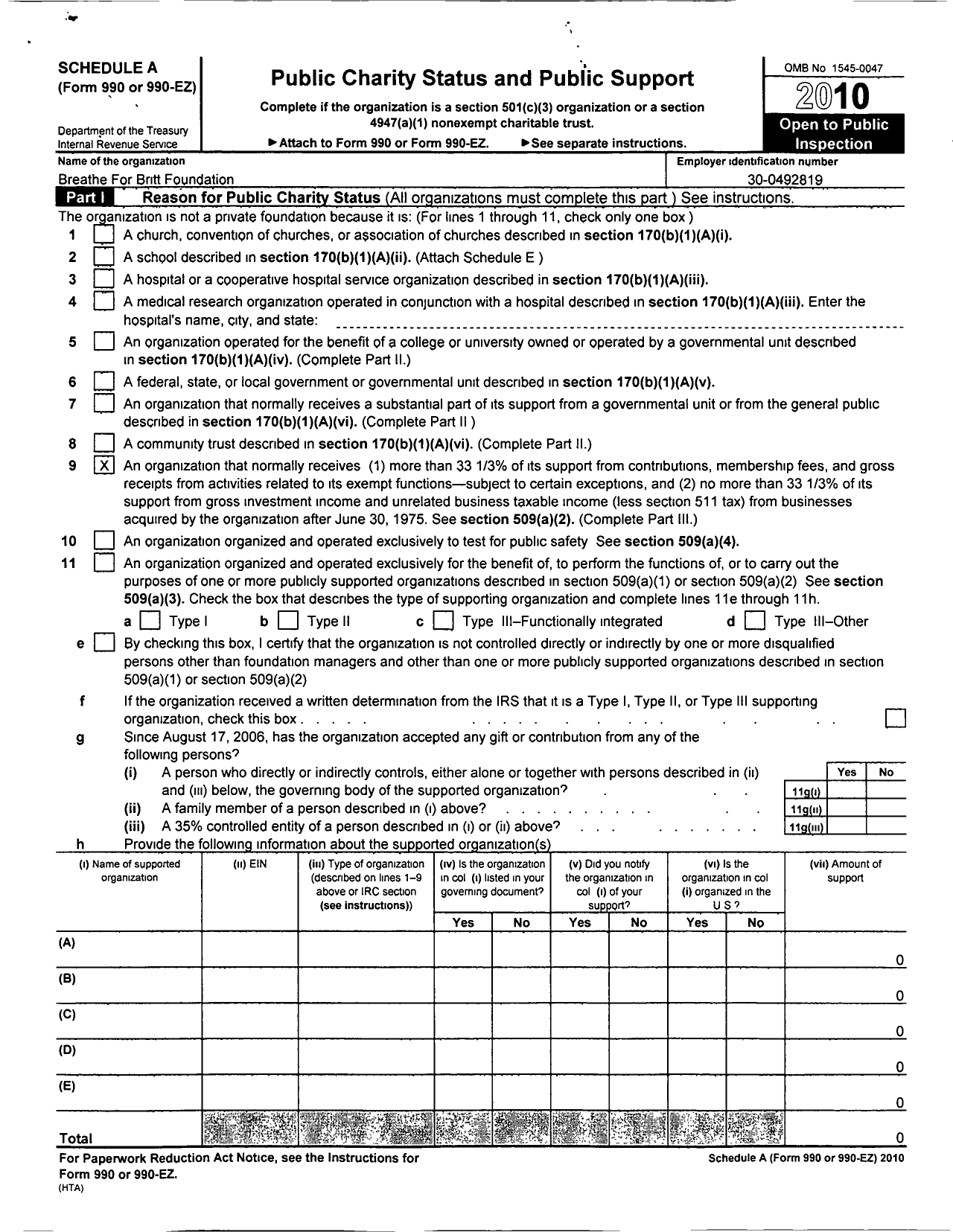 Image of first page of 2010 Form 990ER for The Breathe For Britt Foundation