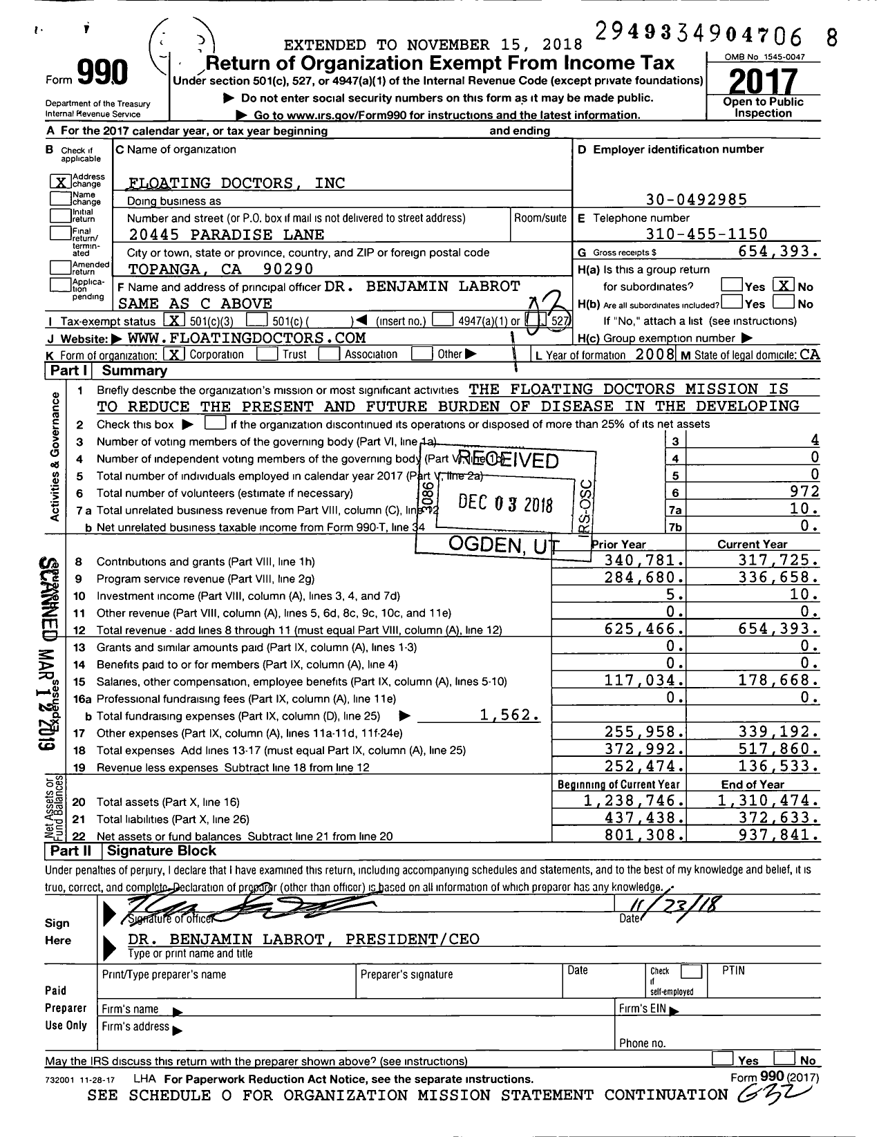 Image of first page of 2017 Form 990 for Floating Doctors