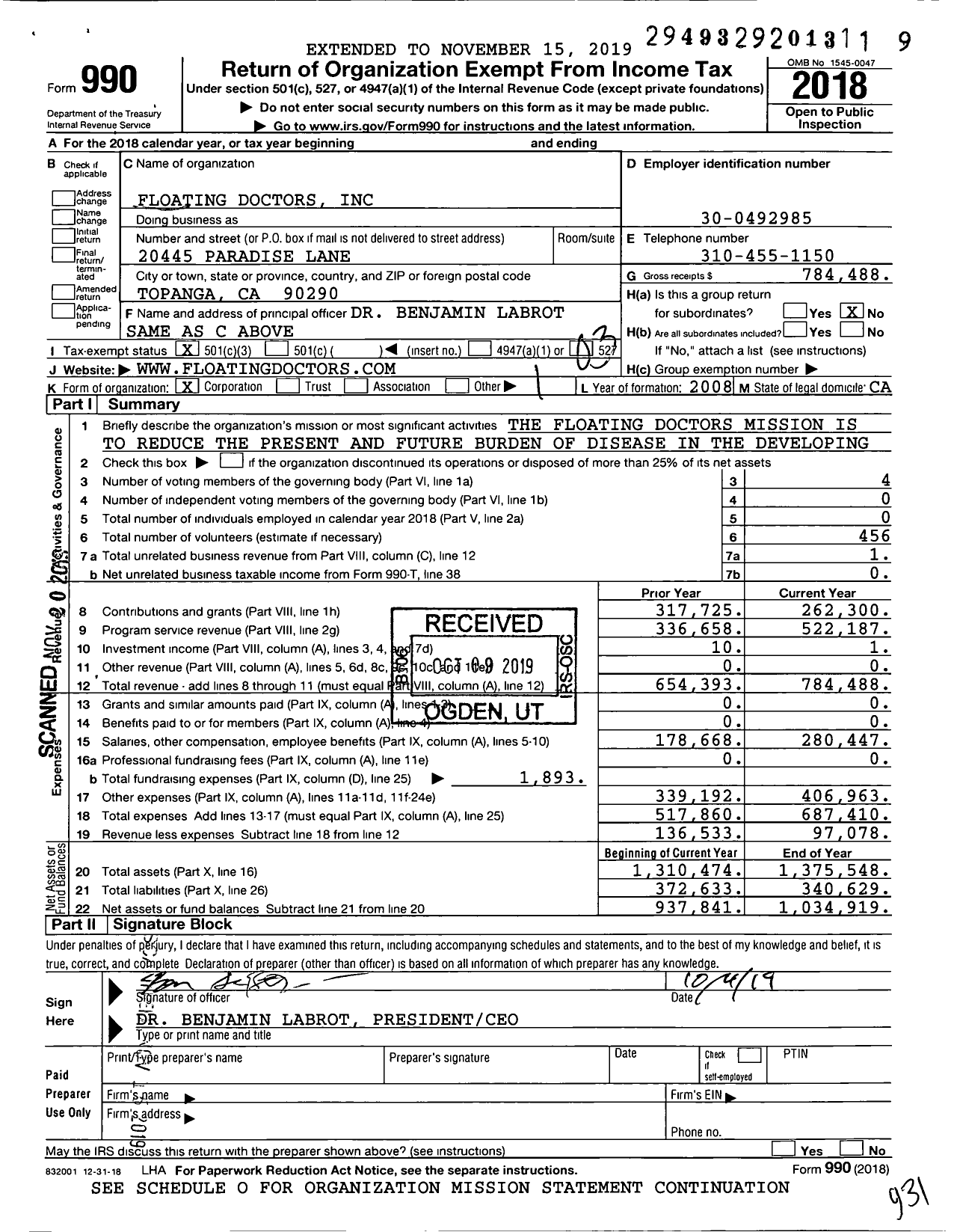 Image of first page of 2018 Form 990 for Floating Doctors