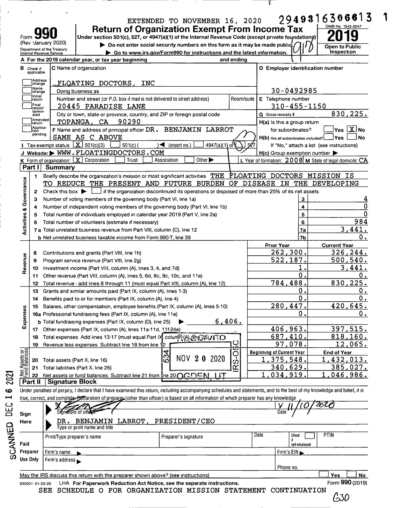 Image of first page of 2019 Form 990 for Floating Doctors