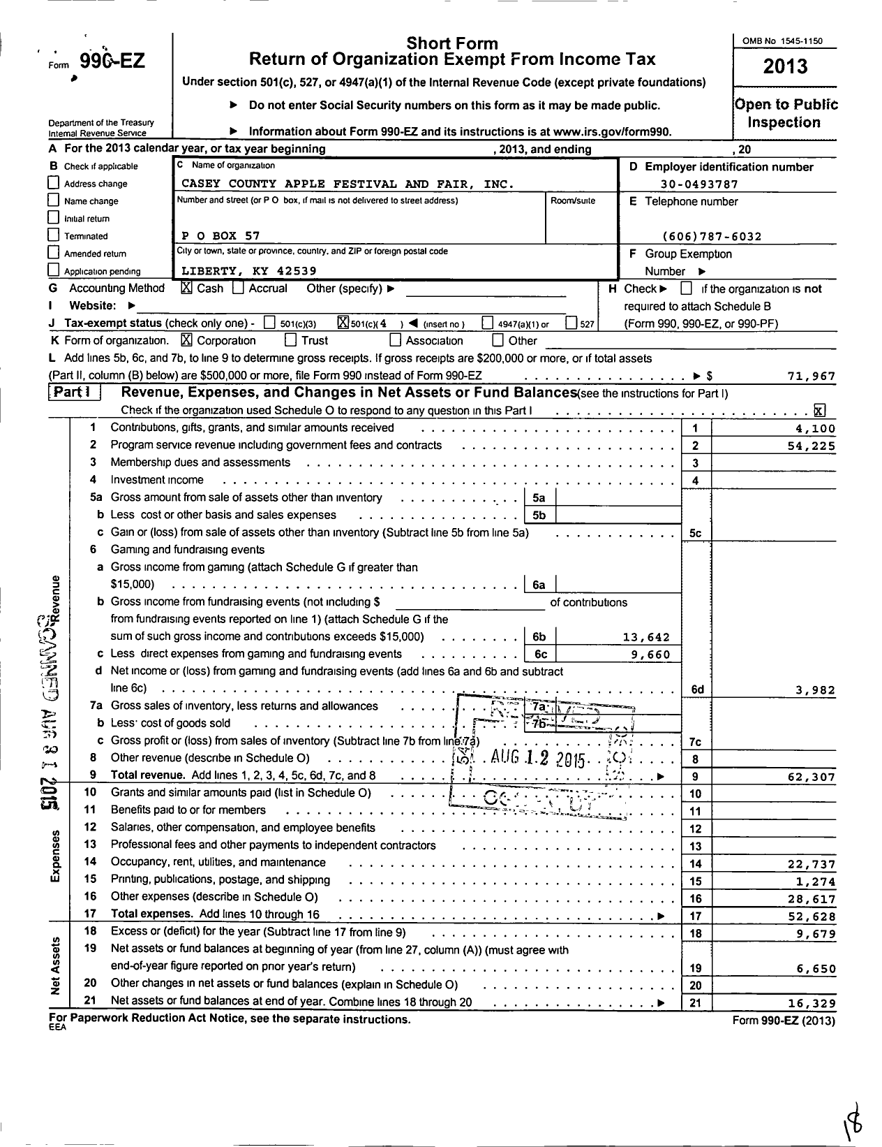 Image of first page of 2013 Form 990EO for Casey County Apple Festival and Fair