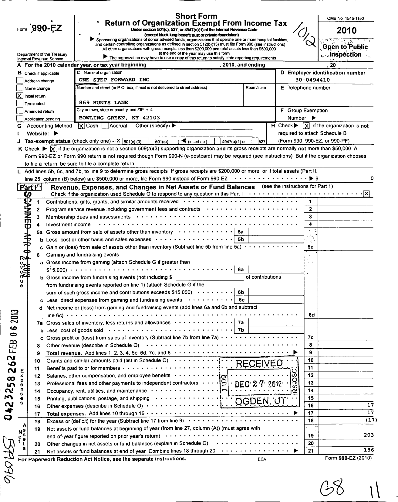 Image of first page of 2010 Form 990EZ for One Step Forward