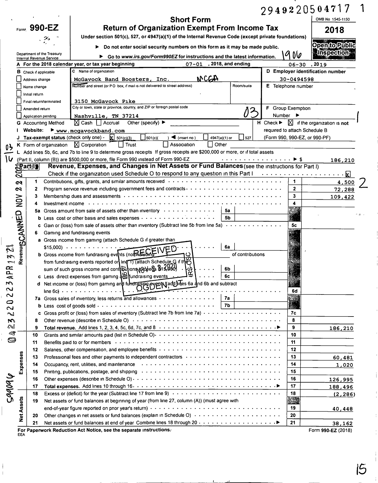 Image of first page of 2018 Form 990EZ for McGavock Band Boosters