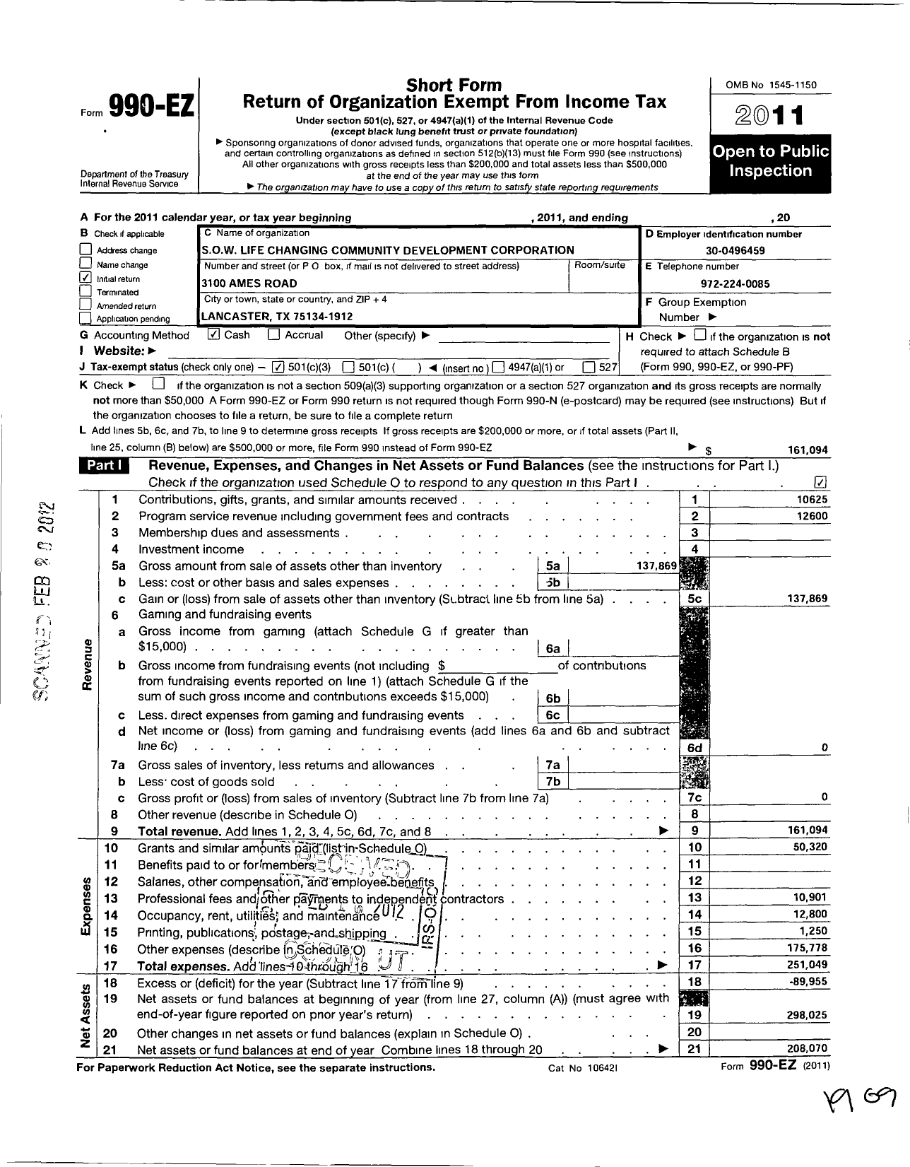 Image of first page of 2011 Form 990EZ for S O W Life Changing Community Development Corporation