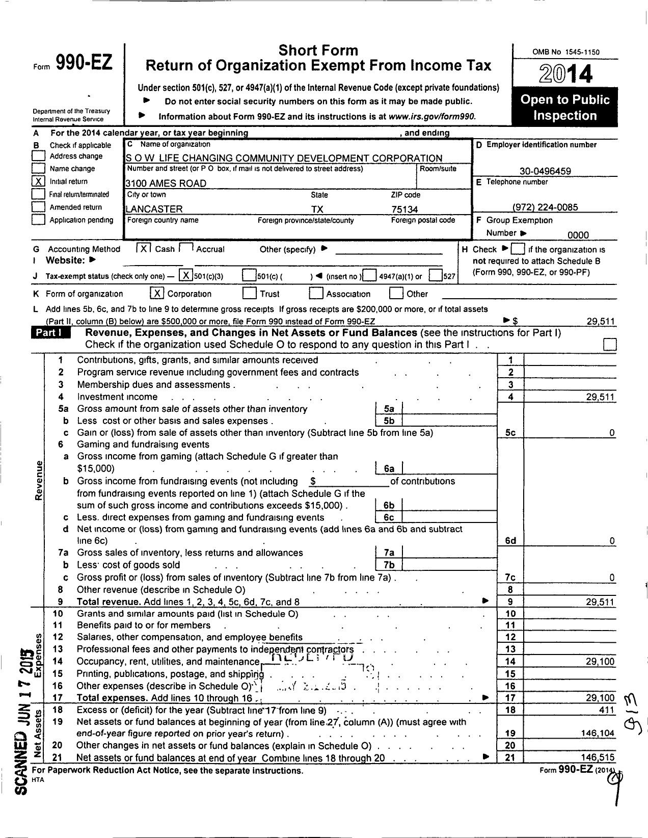 Image of first page of 2014 Form 990EZ for S O W Life Changing Community Development Corporation