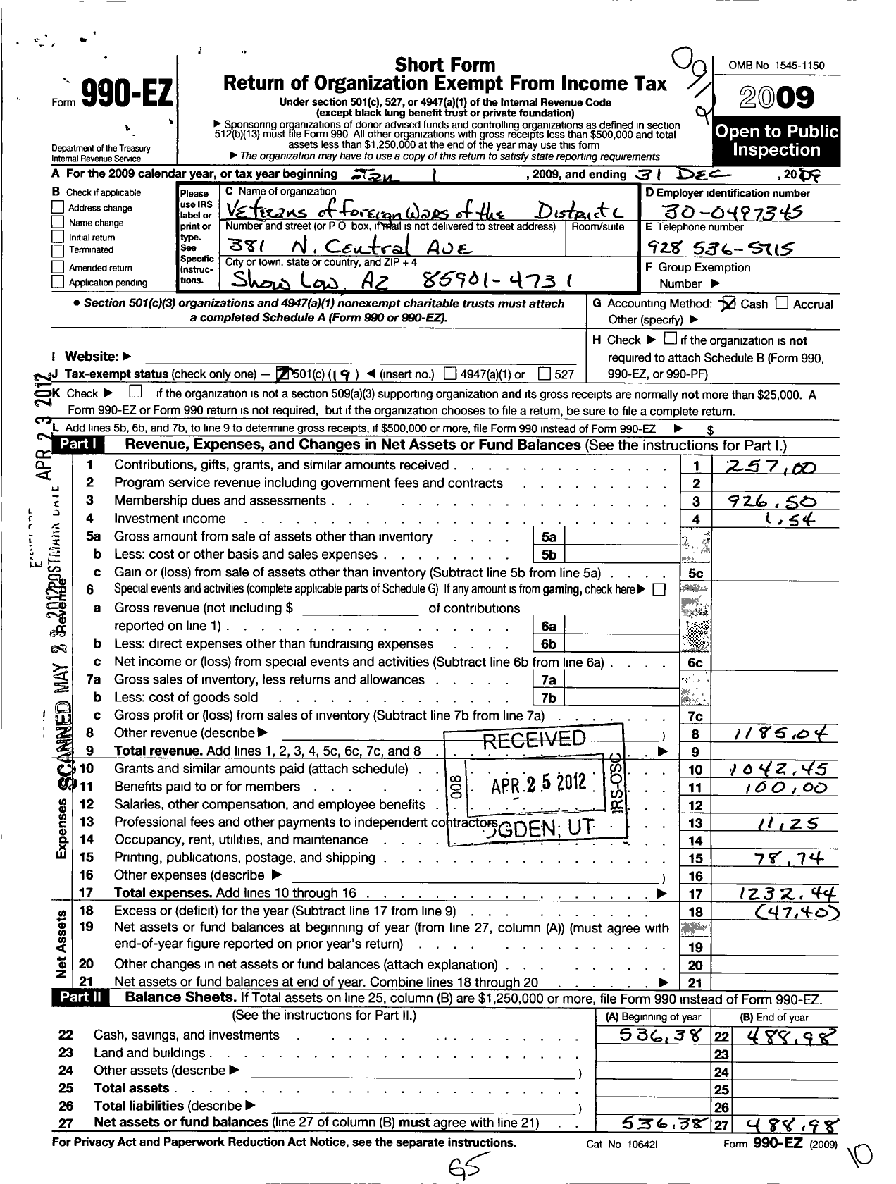 Image of first page of 2009 Form 990EO for Veterans of Foreign Wars of Arizona - 6 District