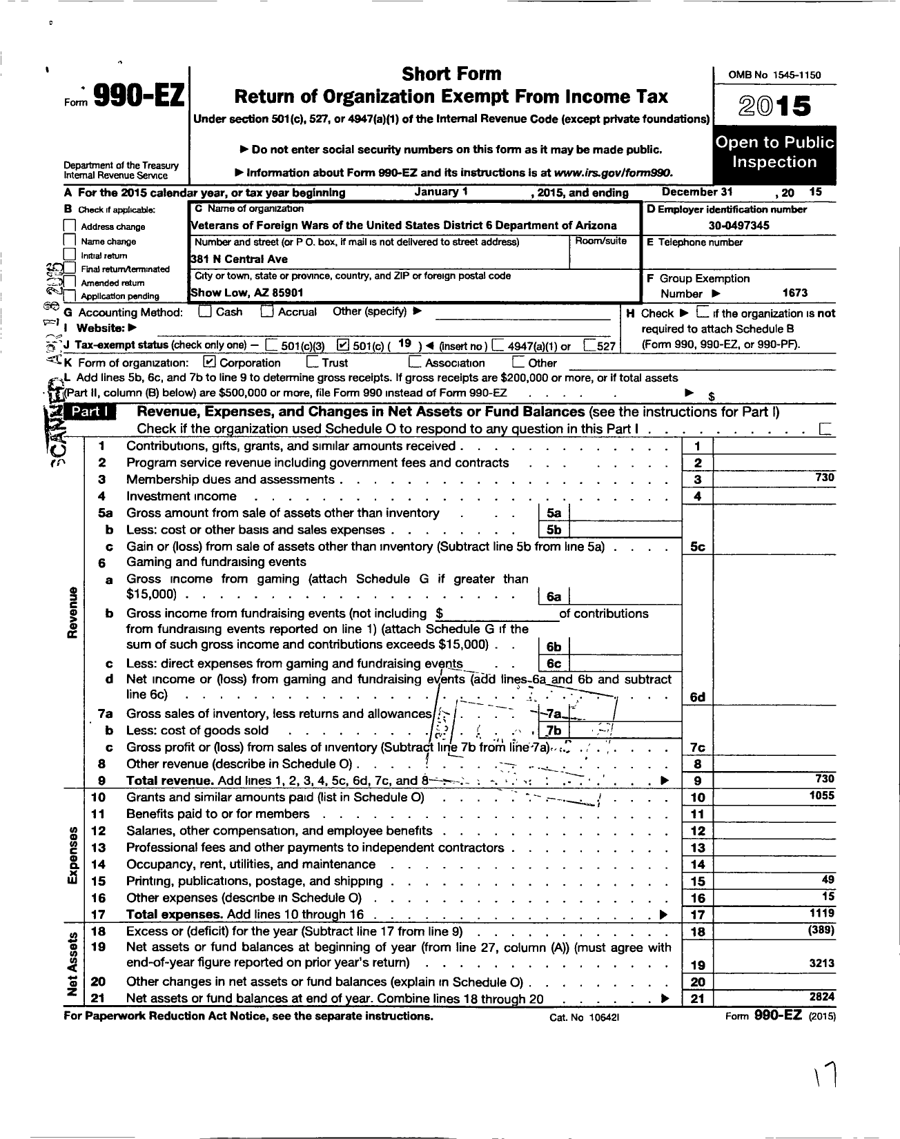 Image of first page of 2015 Form 990EO for Veterans of Foreign Wars of Arizona - 6 District