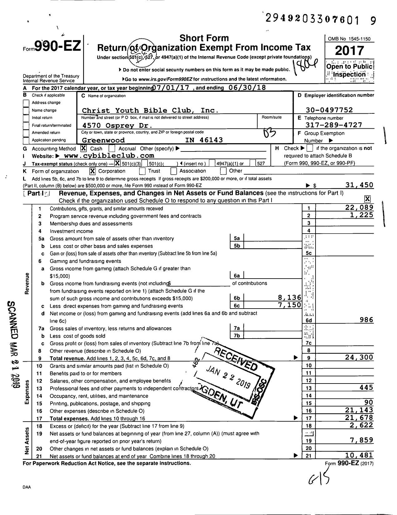 Image of first page of 2017 Form 990EZ for Christ Youth Bible Club