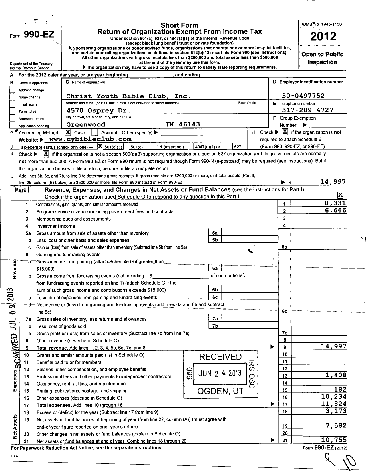 Image of first page of 2012 Form 990EZ for Christ Youth Bible Club