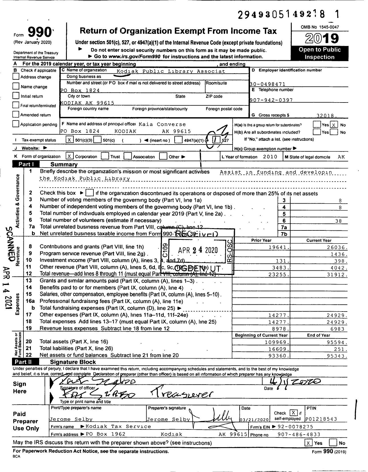 Image of first page of 2019 Form 990 for Kodiak Public Library Association