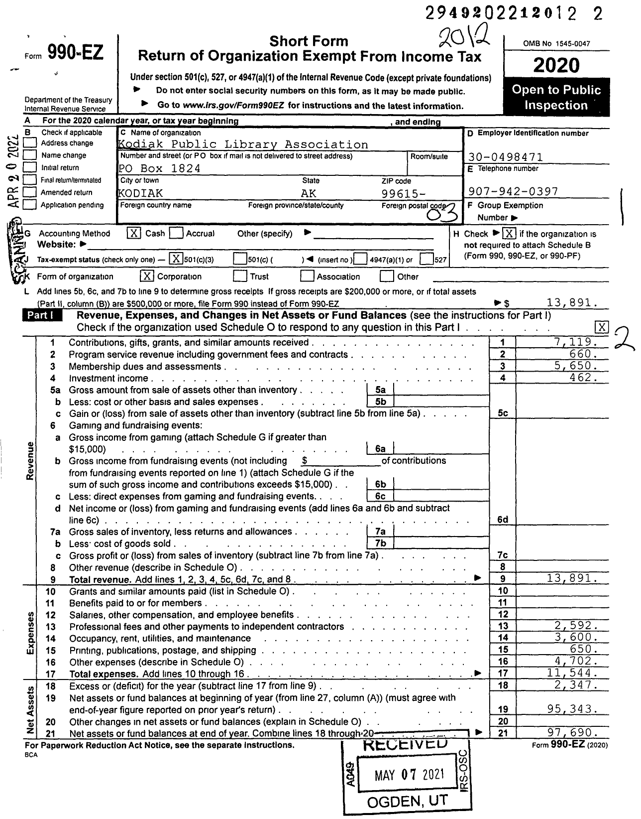 Image of first page of 2020 Form 990EZ for Kodiak Public Library Association