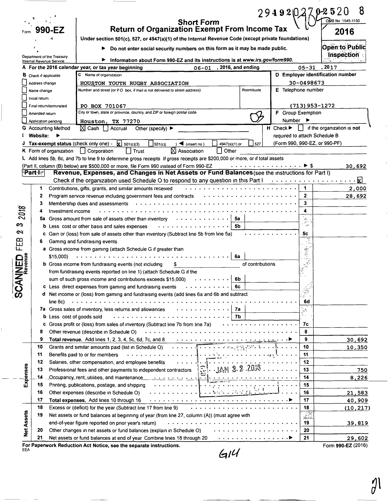 Image of first page of 2016 Form 990EZ for Houston Youth Rugby Association