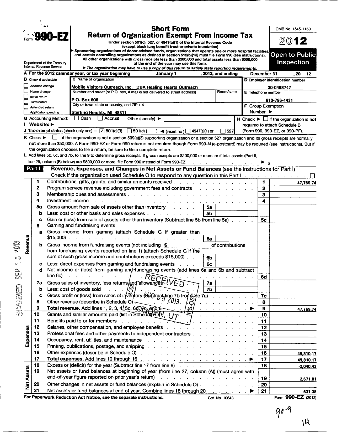 Image of first page of 2012 Form 990EZ for Mobile Visitors Outreach