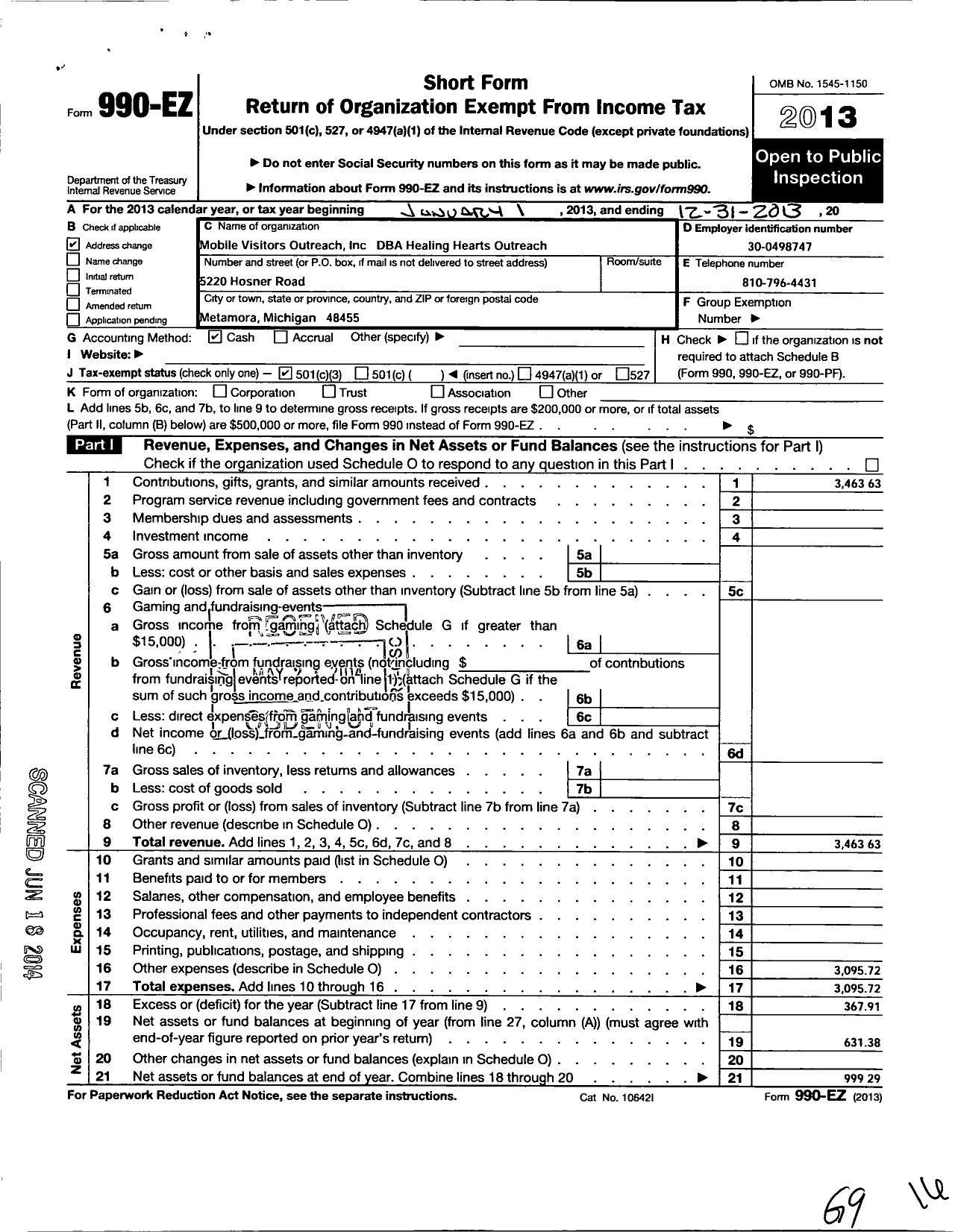 Image of first page of 2013 Form 990EZ for Mobile Visitors Outreach