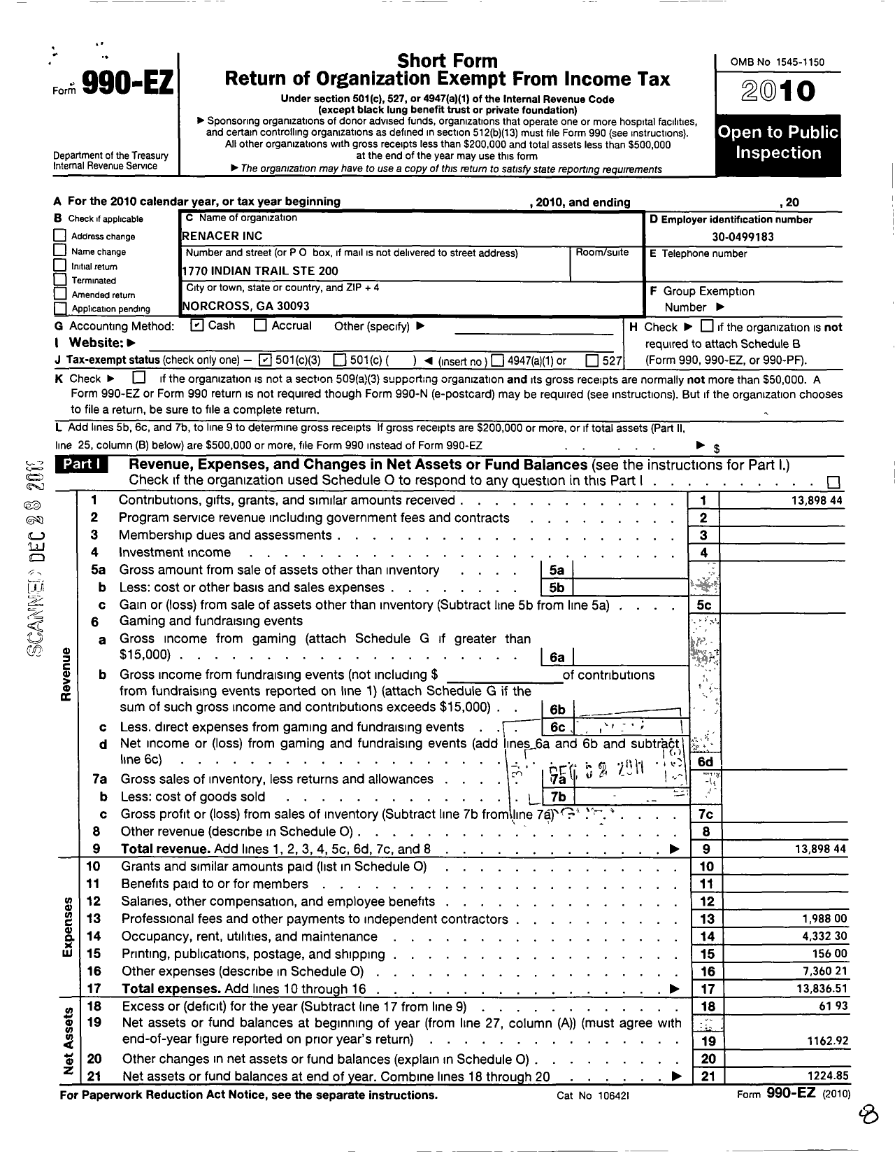 Image of first page of 2010 Form 990EZ for Renacer