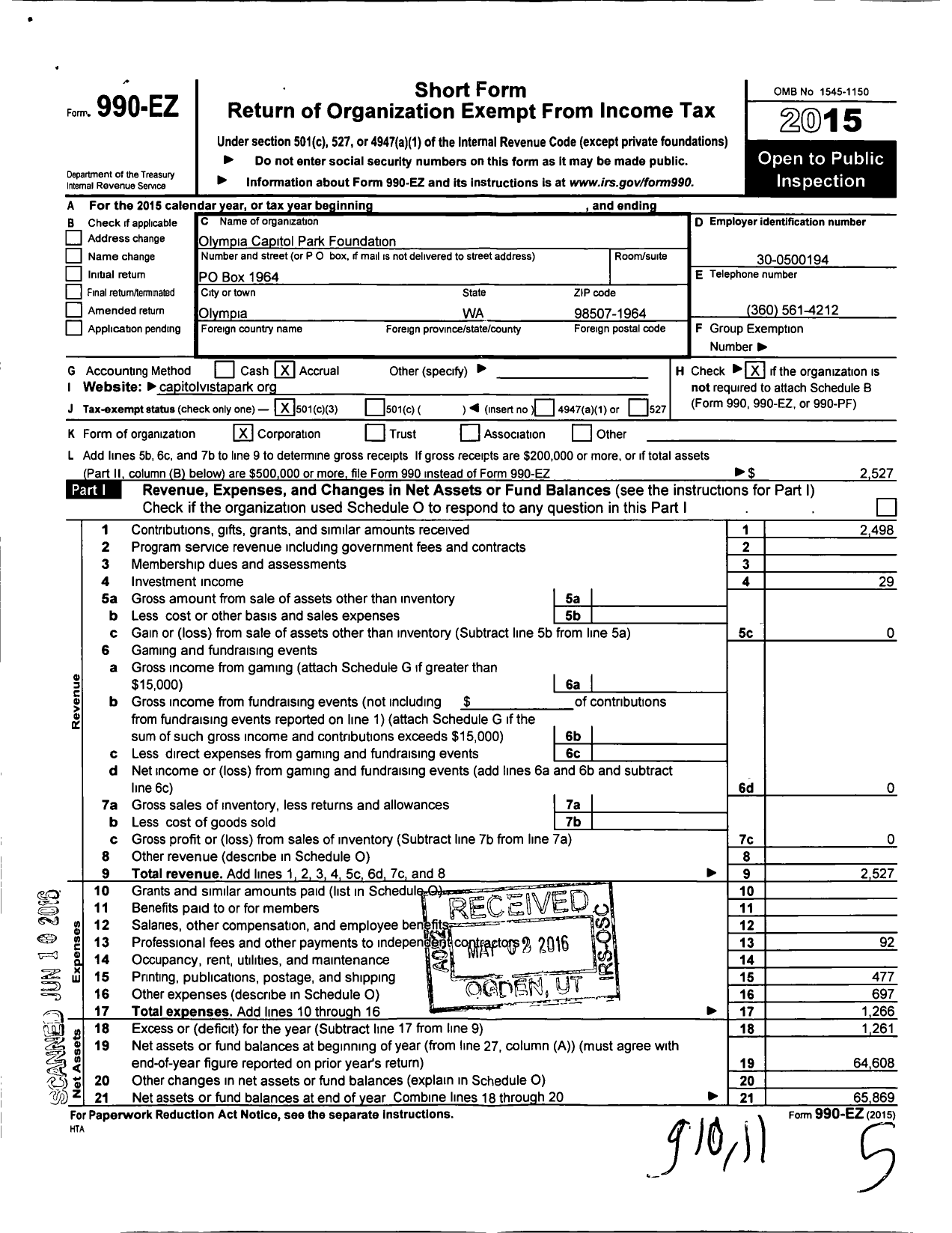 Image of first page of 2015 Form 990EZ for Olympia Capitol Park Foundation