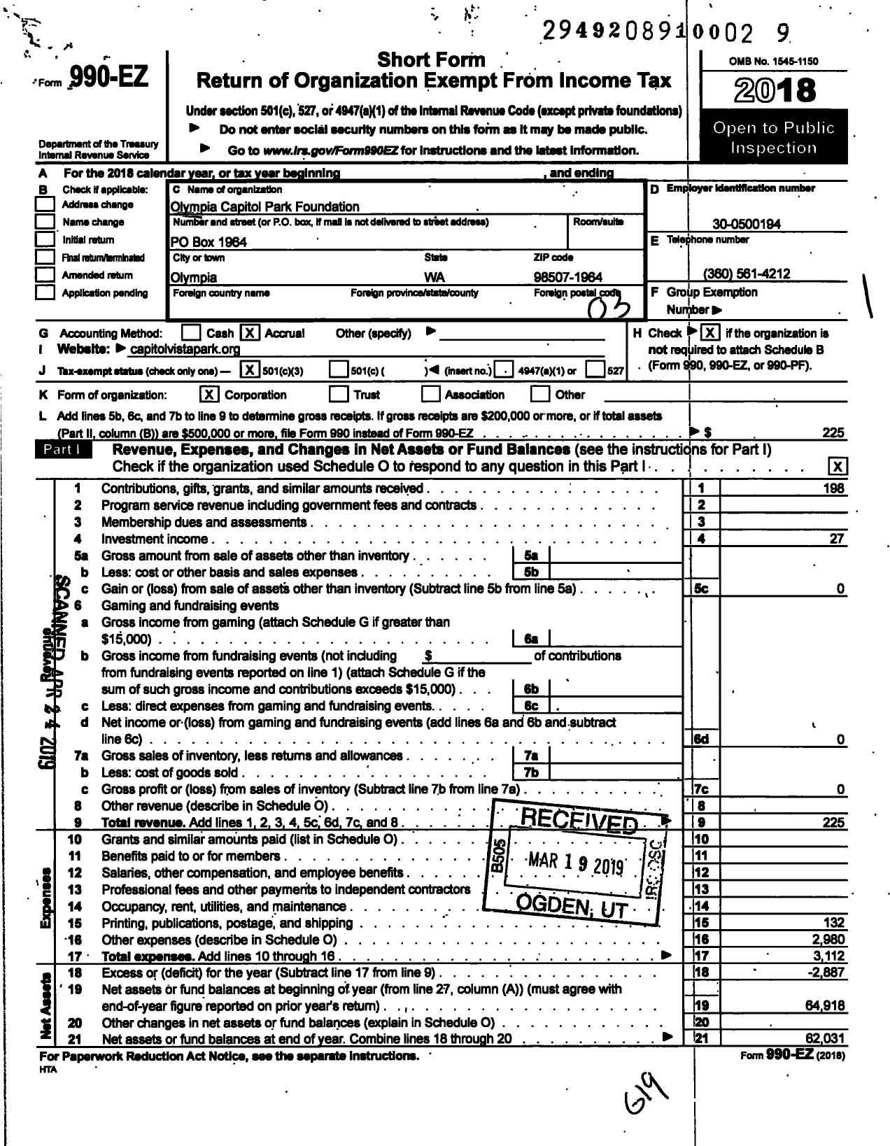Image of first page of 2018 Form 990EZ for Olympia Capitol Park Foundation
