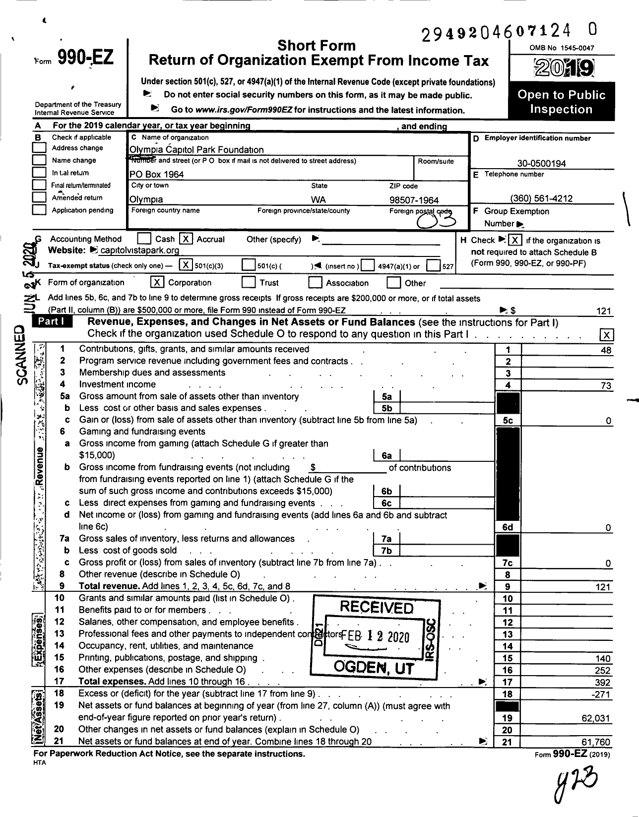 Image of first page of 2019 Form 990EZ for Olympia Capitol Park Foundation