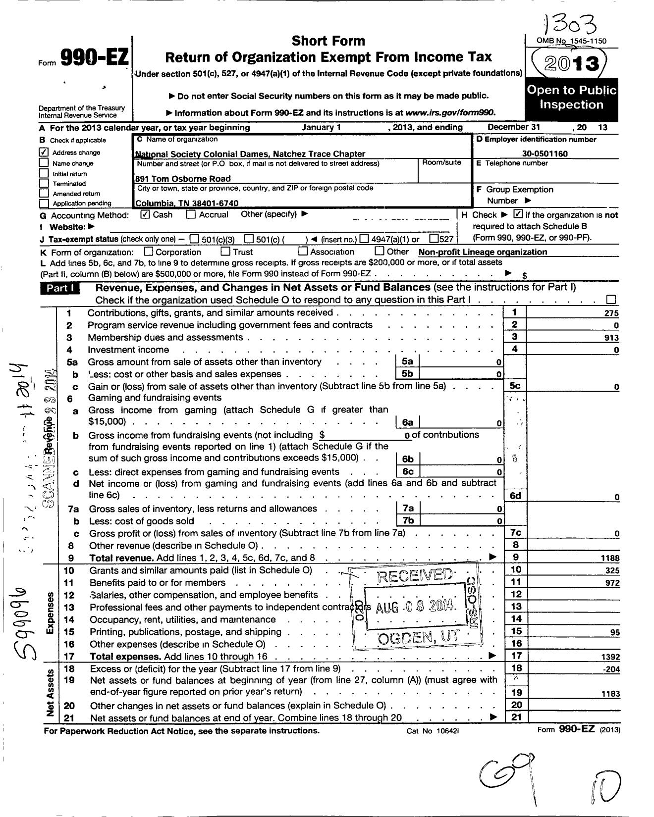 Image of first page of 2012 Form 990EO for National Society Colonial Dames Xvii Century / Natches Trace Chapter