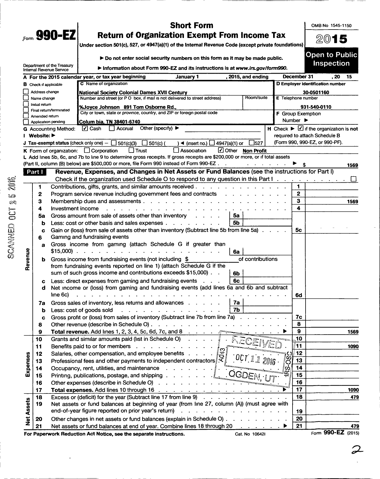 Image of first page of 2015 Form 990EO for National Society Colonial Dames Xvii Century / Natches Trace Chapter