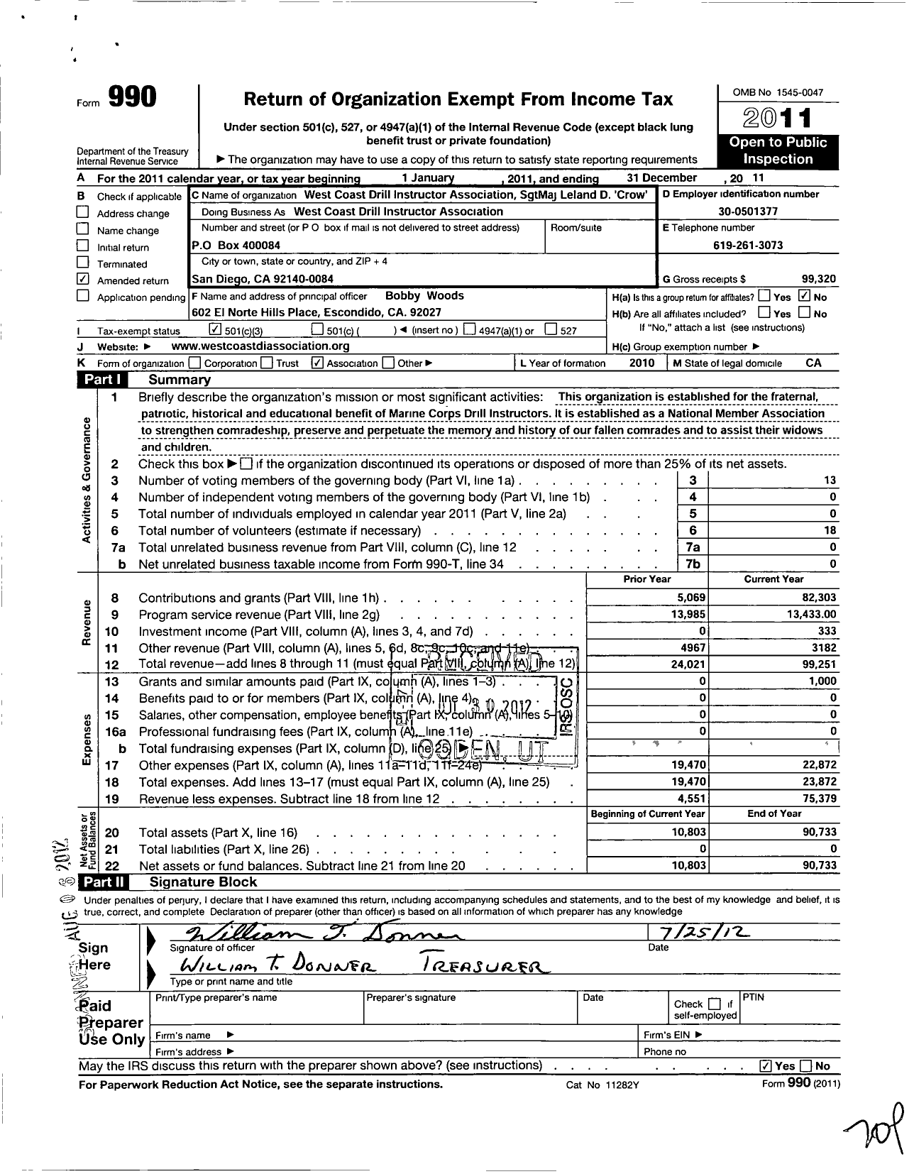 Image of first page of 2011 Form 990 for West Coast Drill Instructors Association Sergeant Major Leland