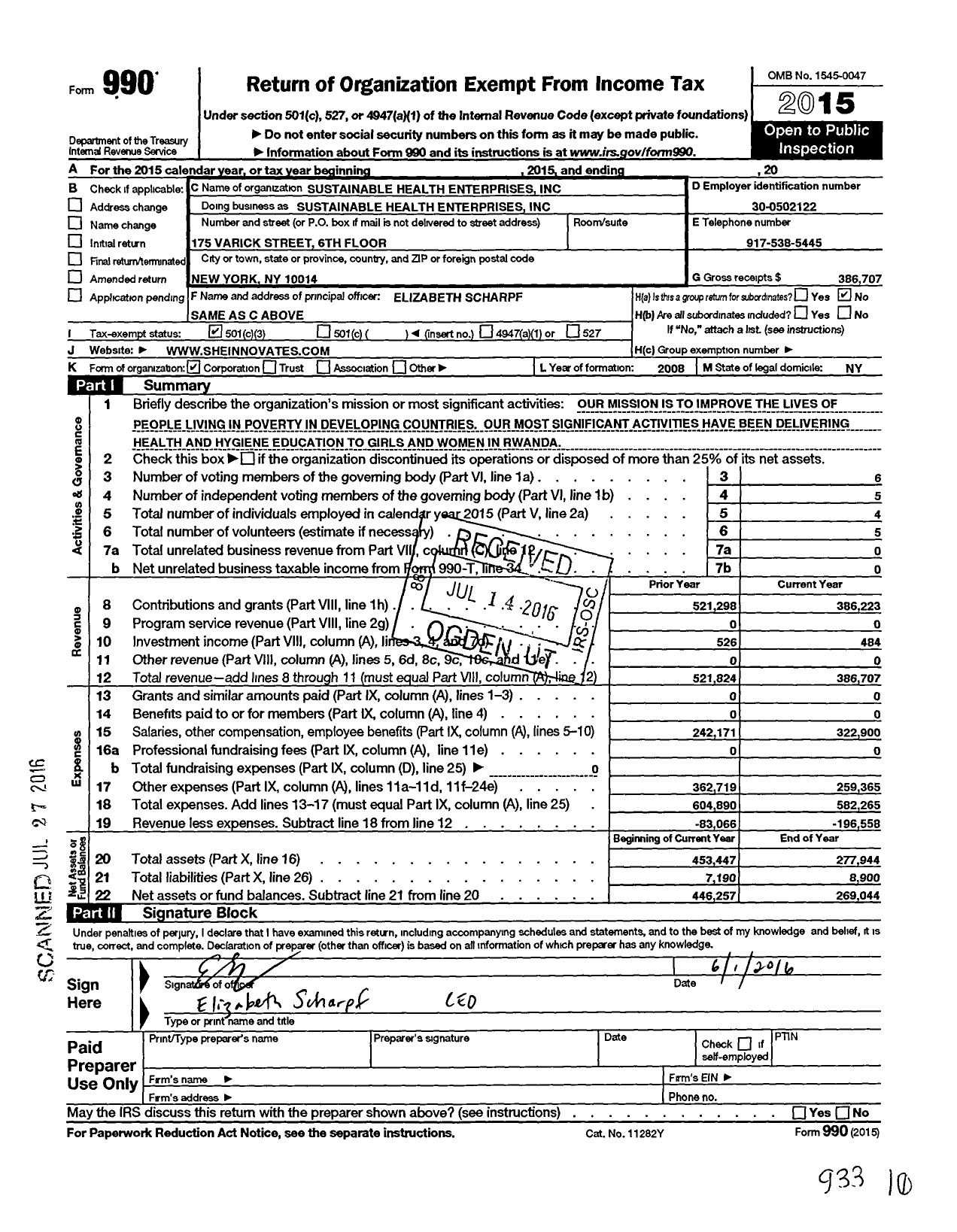 Image of first page of 2015 Form 990 for Sustainable Health Enterprises