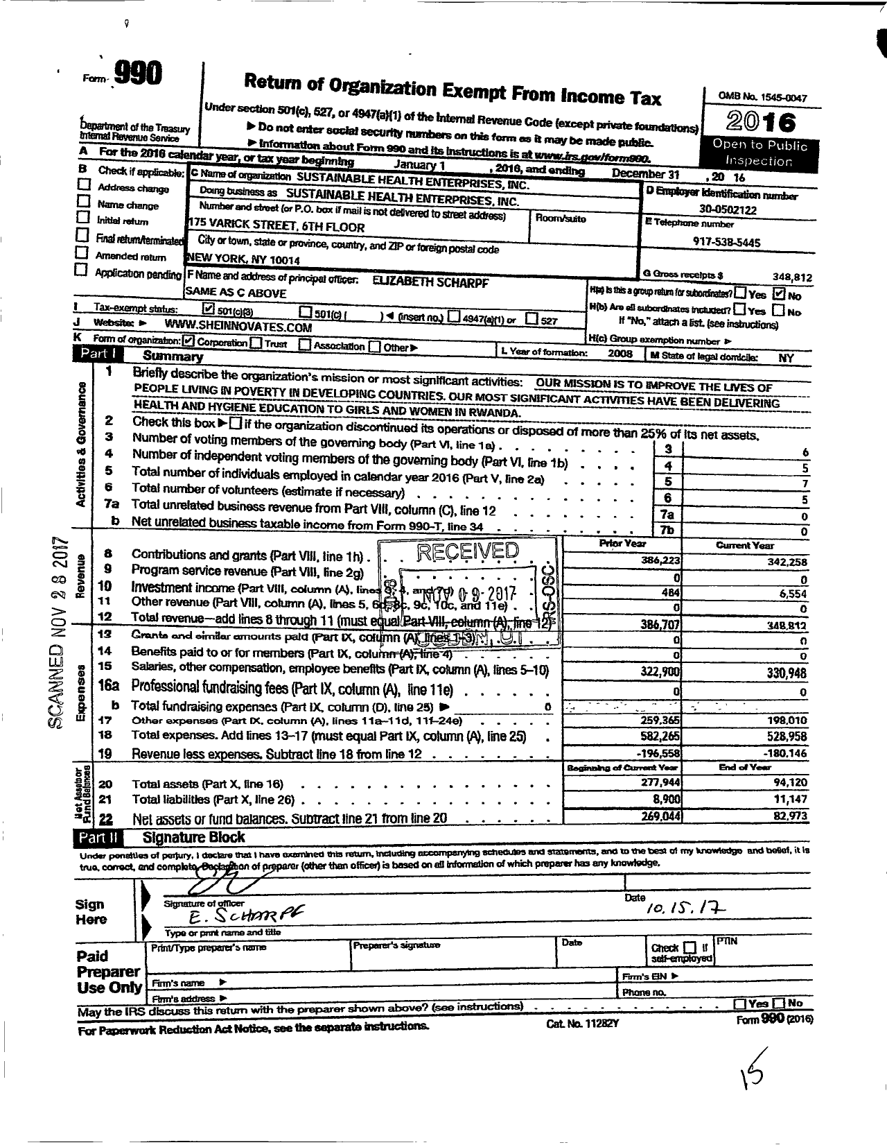 Image of first page of 2016 Form 990 for Sustainable Health Enterprises