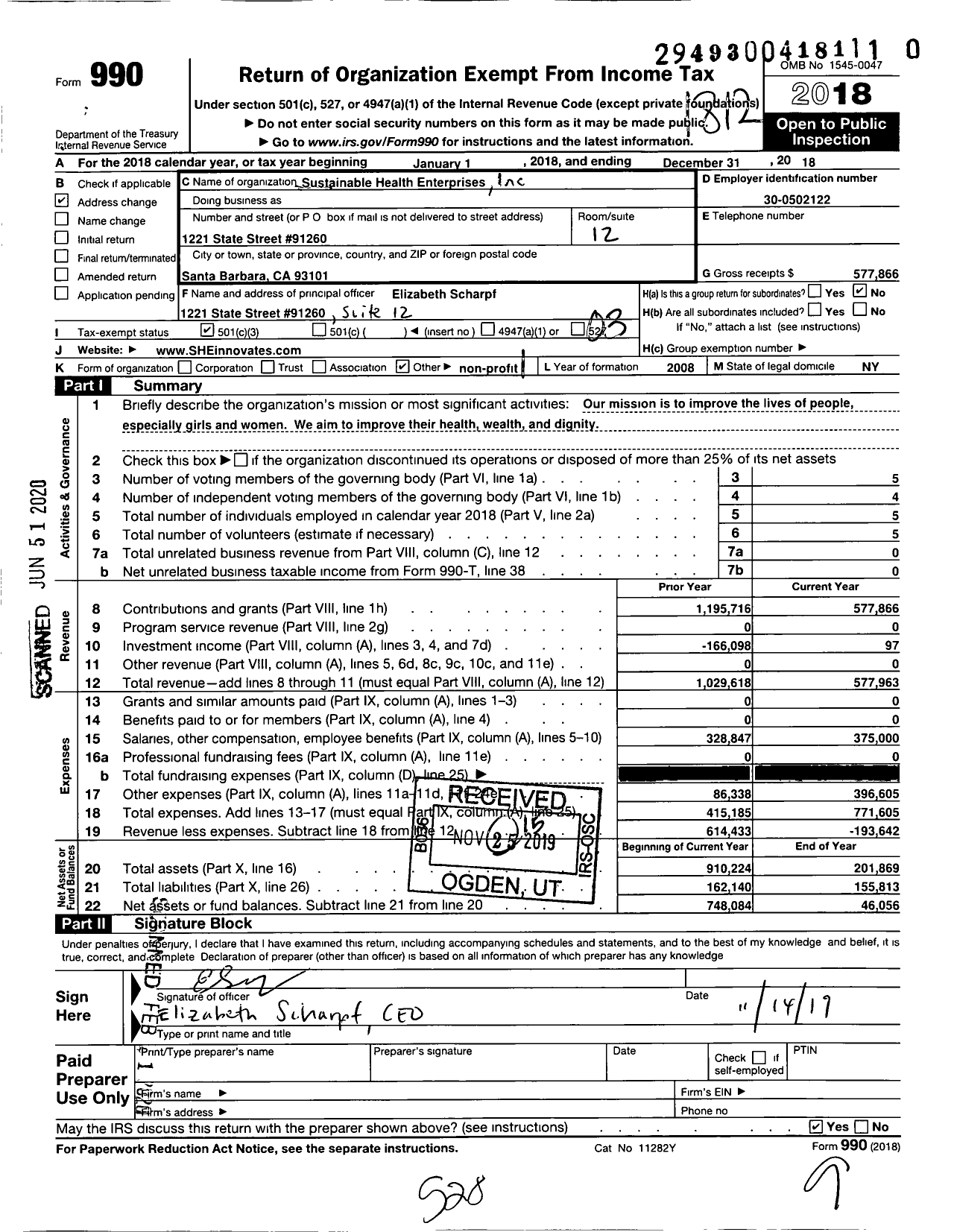 Image of first page of 2018 Form 990 for Sustainable Health Enterprises