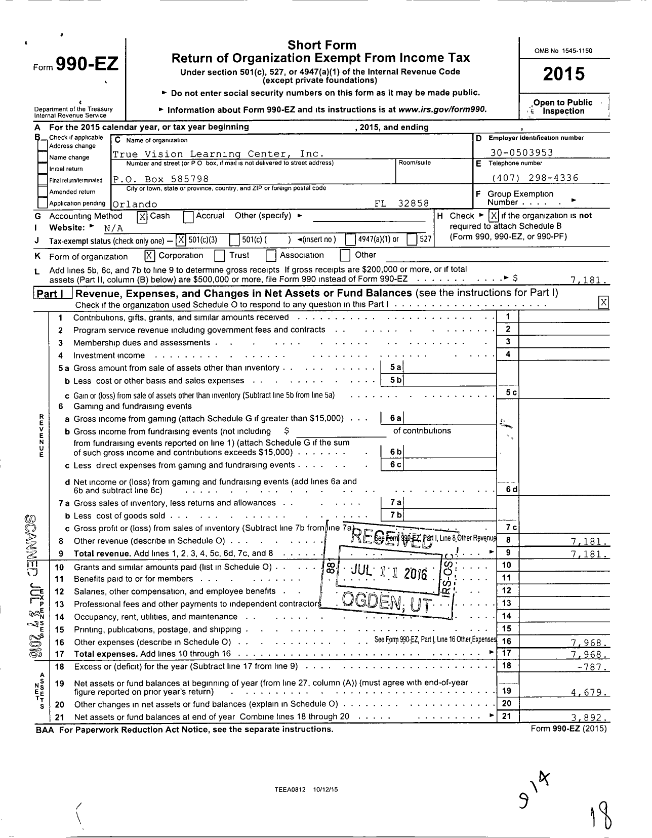 Image of first page of 2015 Form 990EZ for True Vision Community Development Corporation