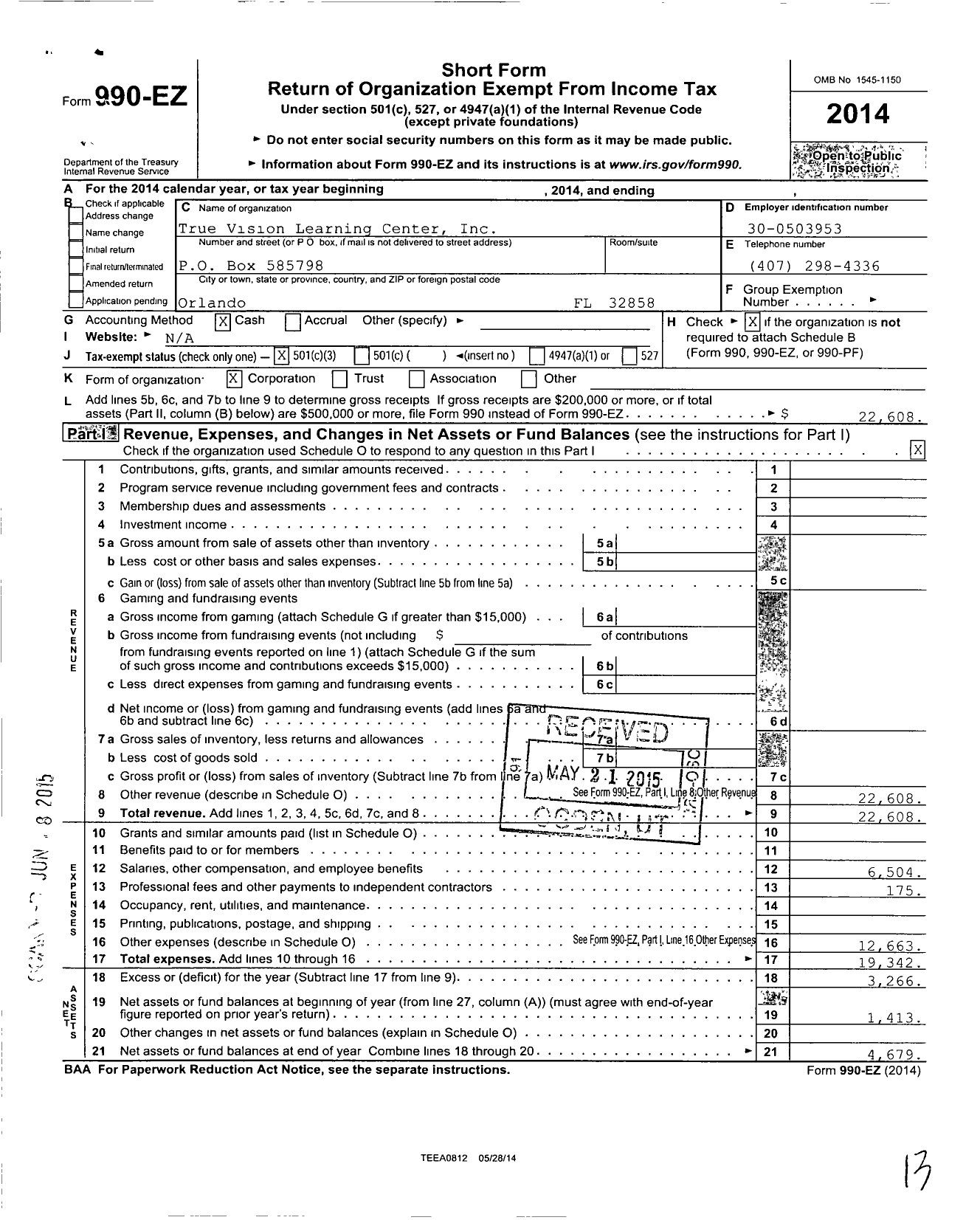 Image of first page of 2014 Form 990EZ for True Vision Community Development Corporation