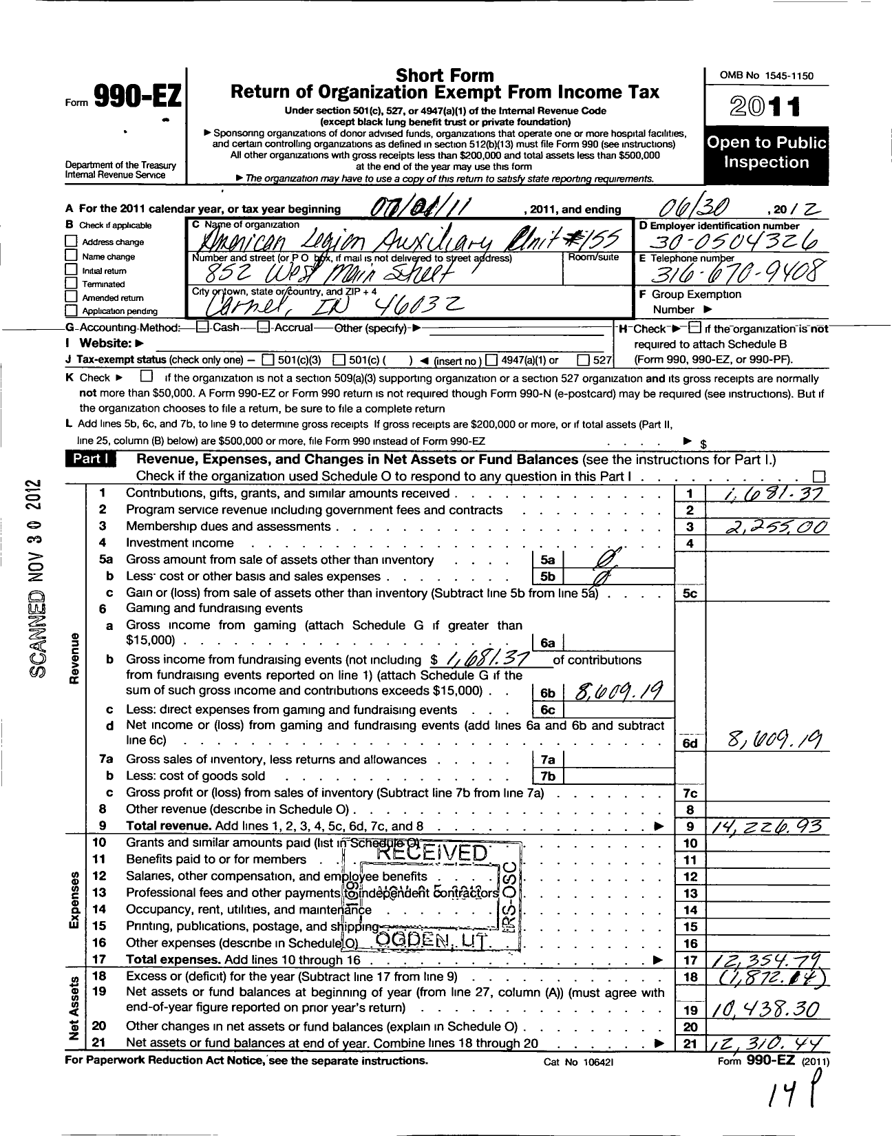 Image of first page of 2011 Form 990EO for American Legion Auxiliary - 155 Carmel