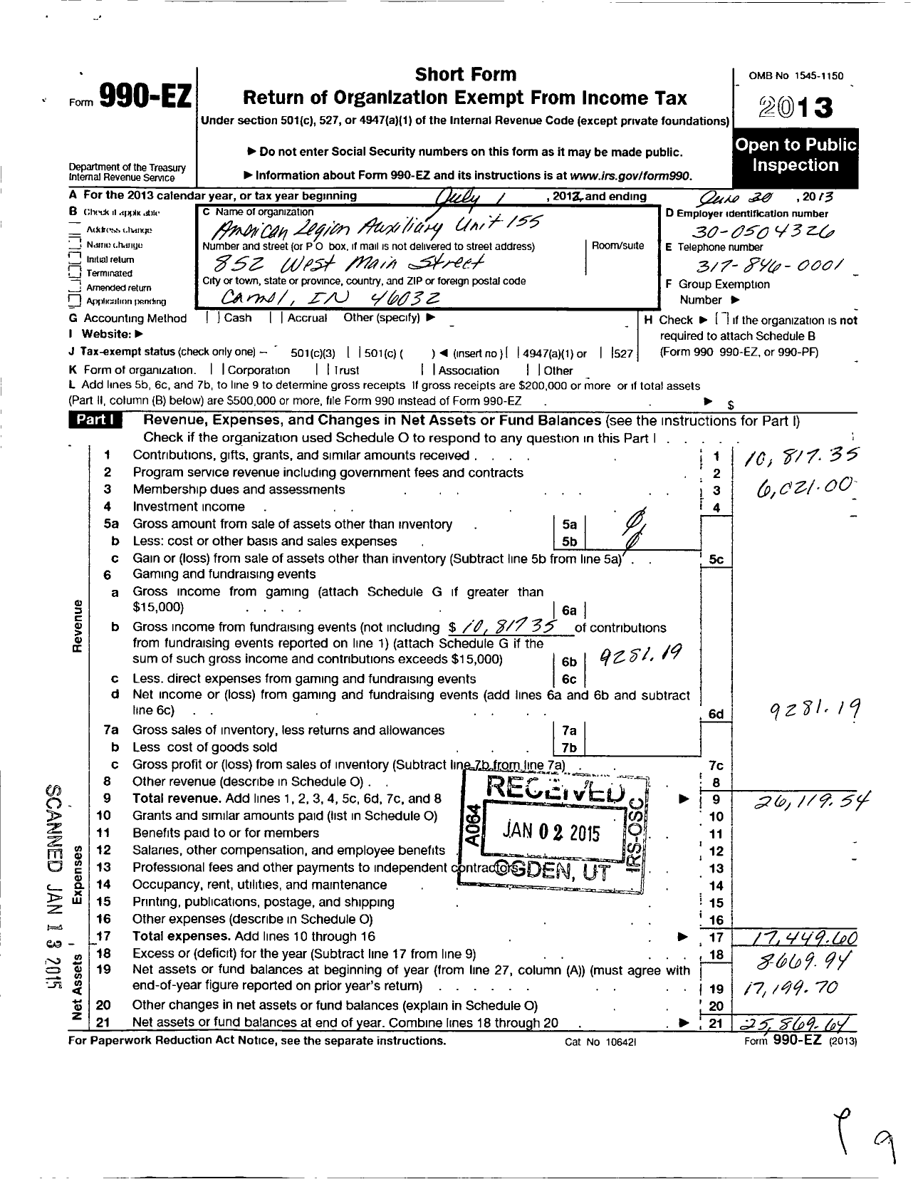 Image of first page of 2012 Form 990EO for American Legion Auxiliary - 155 Carmel